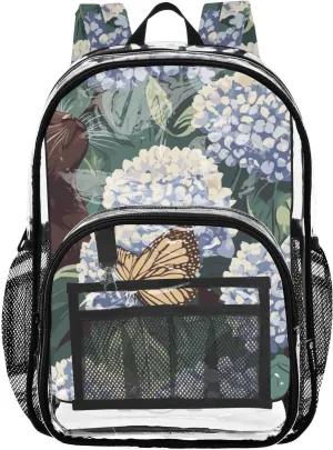 Clear Backpack for Stadium Events School Backpacks Girls Boys heavy duty PVC Waterproof Transparent Plastic Book Bag for Women Work Abyssinian Cat Blue Hydrangea
