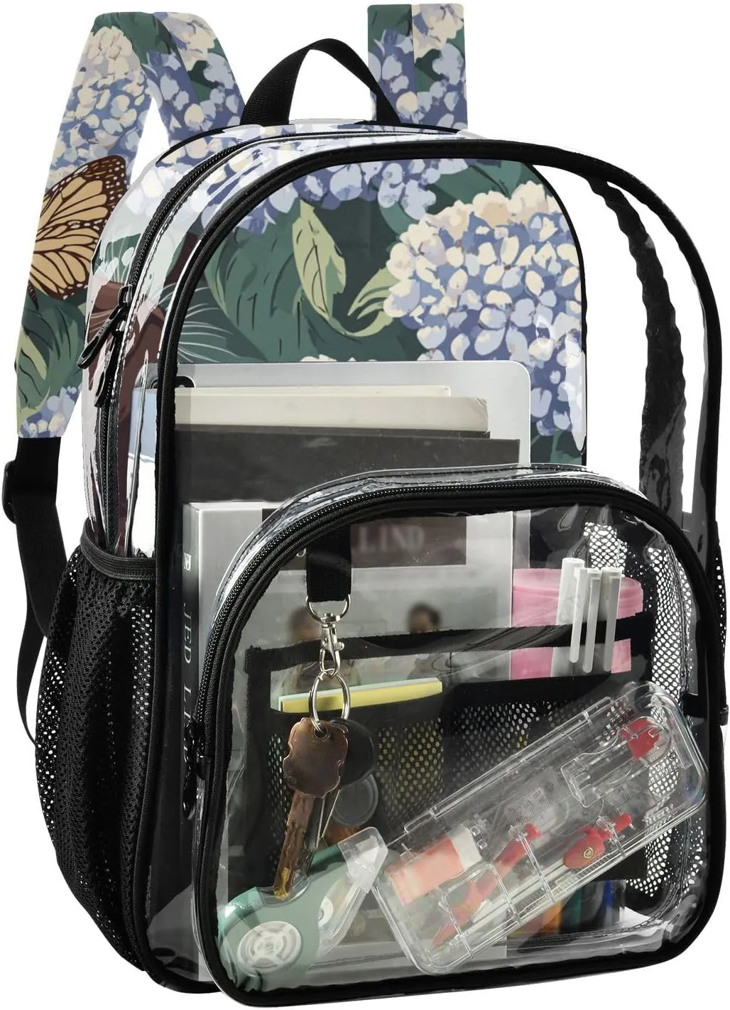 Clear Backpack for Stadium Events School Backpacks Girls Boys heavy duty PVC Waterproof Transparent Plastic Book Bag for Women Work Abyssinian Cat Blue Hydrangea