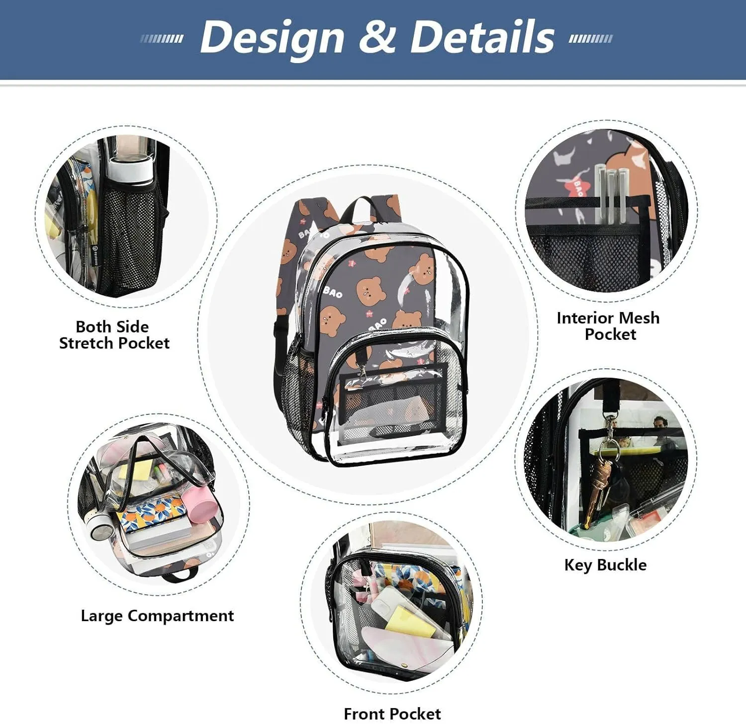 Clear Backpack for Stadium Events School Backpacks Girls Boys heavy duty PVC Waterproof Transparent Plastic Book Bag for Women Work Bear Cartoon