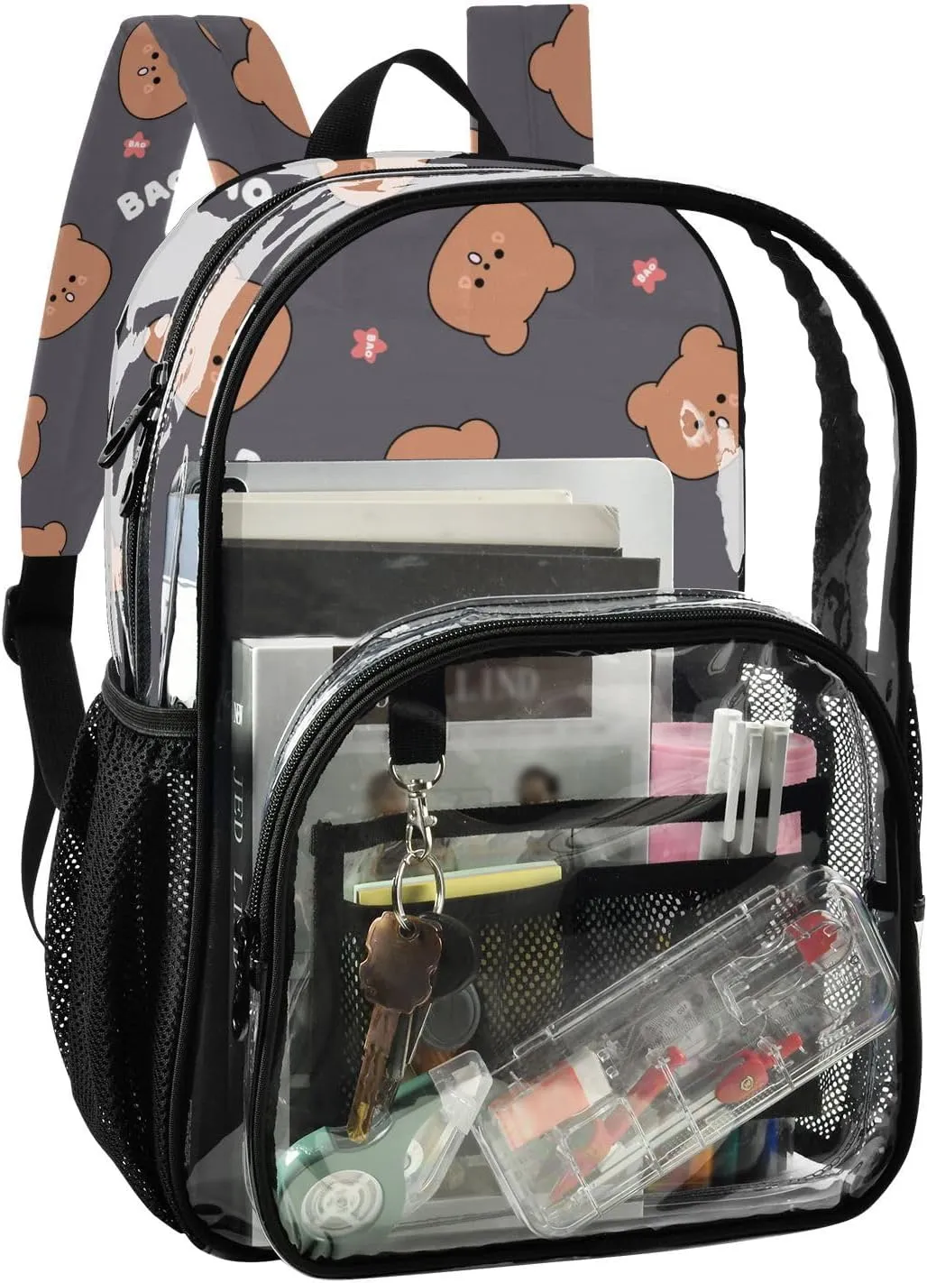 Clear Backpack for Stadium Events School Backpacks Girls Boys heavy duty PVC Waterproof Transparent Plastic Book Bag for Women Work Bear Cartoon