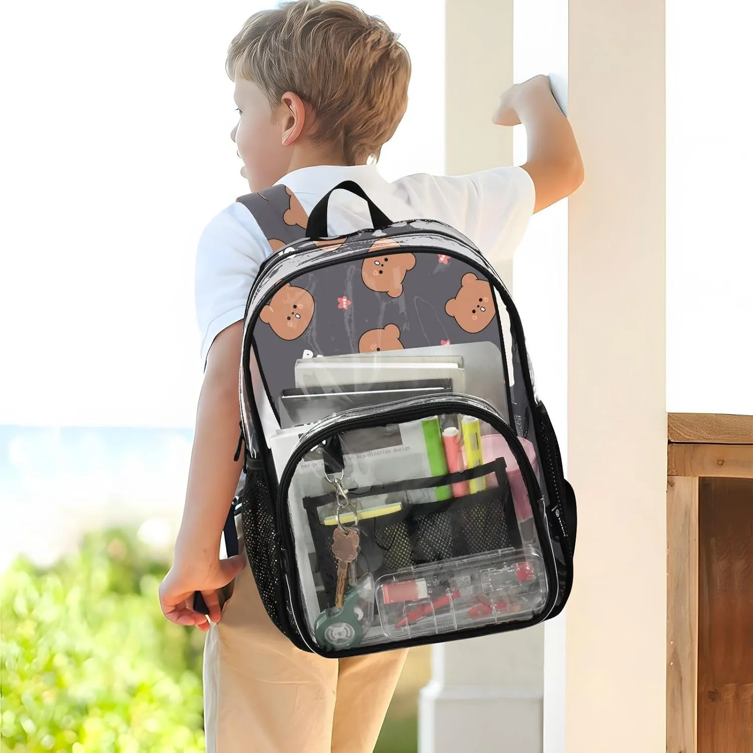 Clear Backpack for Stadium Events School Backpacks Girls Boys heavy duty PVC Waterproof Transparent Plastic Book Bag for Women Work Bear Cartoon