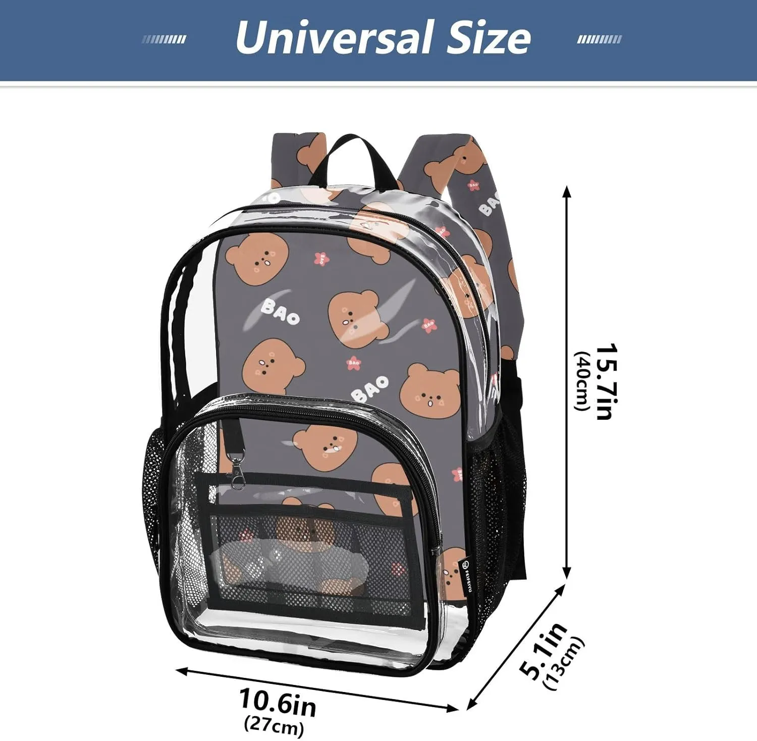 Clear Backpack for Stadium Events School Backpacks Girls Boys heavy duty PVC Waterproof Transparent Plastic Book Bag for Women Work Bear Cartoon
