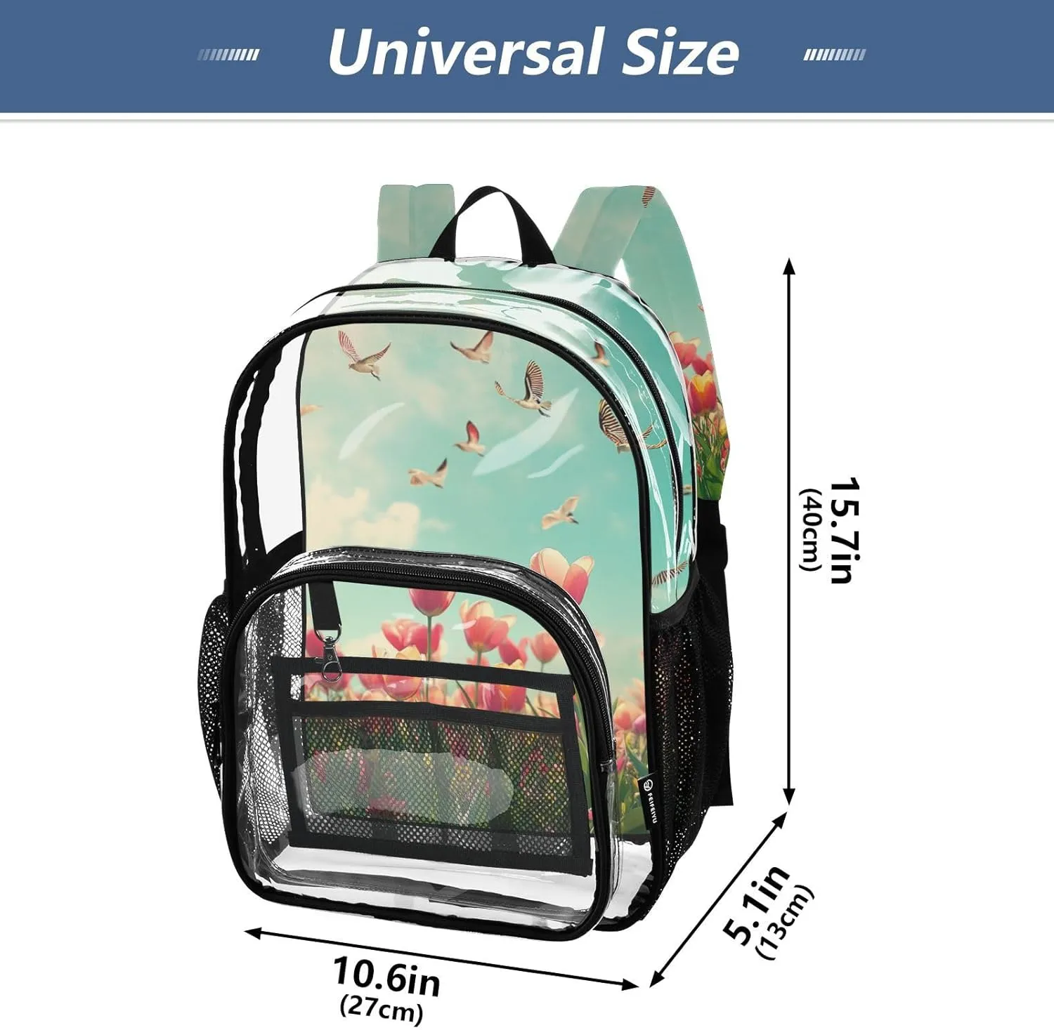 Clear Backpack for Stadium Events School Backpacks Girls Boys heavy duty PVC Waterproof Transparent Plastic Book Bag for Women Work Beautiful Spring Tulips and Herringbone Birds