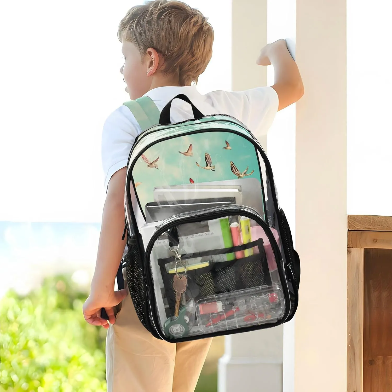 Clear Backpack for Stadium Events School Backpacks Girls Boys heavy duty PVC Waterproof Transparent Plastic Book Bag for Women Work Beautiful Spring Tulips and Herringbone Birds