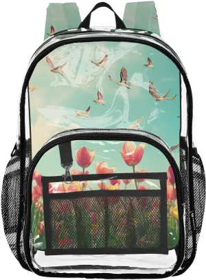 Clear Backpack for Stadium Events School Backpacks Girls Boys heavy duty PVC Waterproof Transparent Plastic Book Bag for Women Work Beautiful Spring Tulips and Herringbone Birds