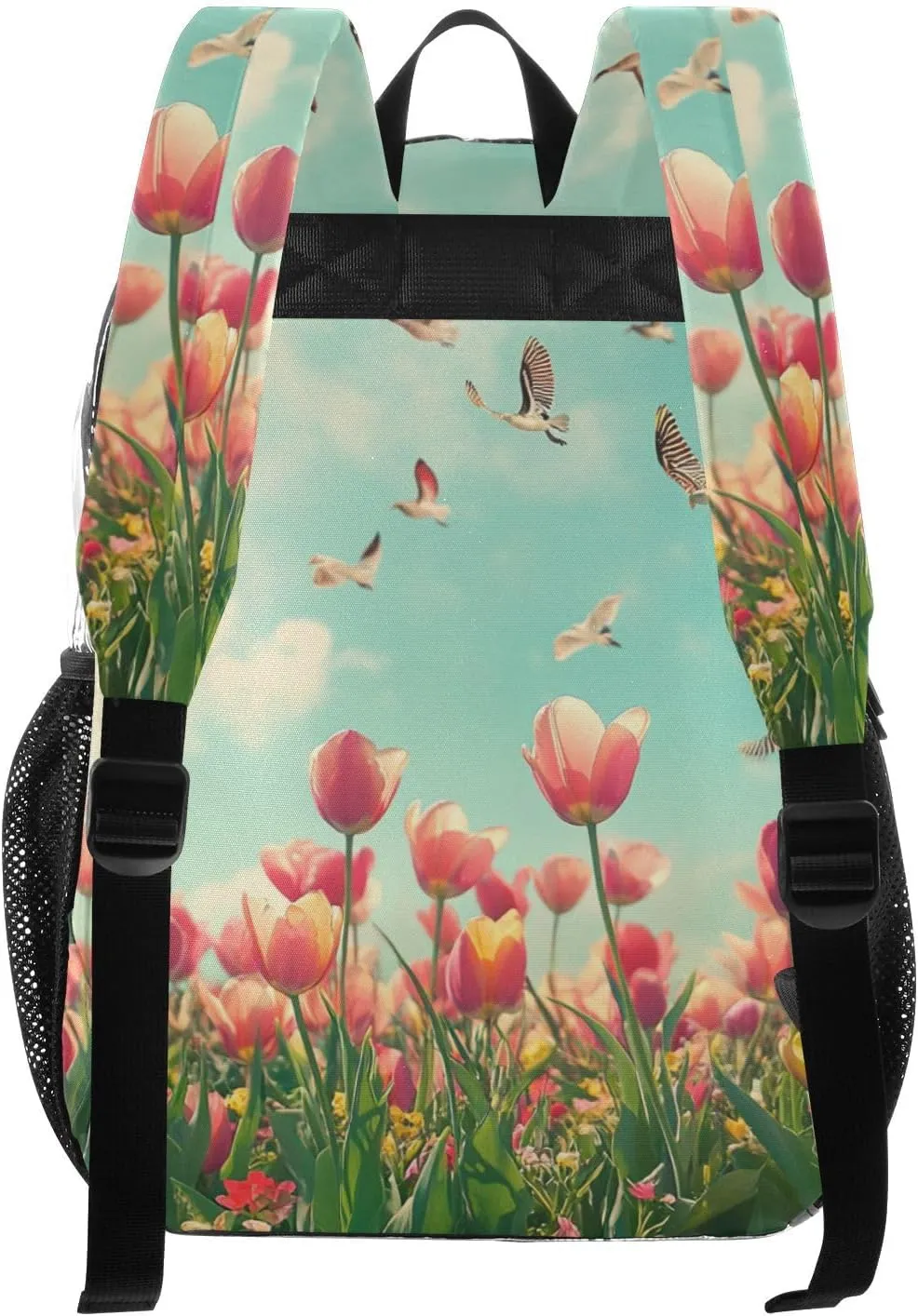 Clear Backpack for Stadium Events School Backpacks Girls Boys heavy duty PVC Waterproof Transparent Plastic Book Bag for Women Work Beautiful Spring Tulips and Herringbone Birds