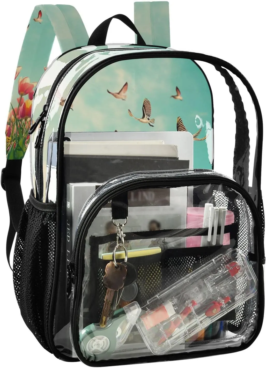 Clear Backpack for Stadium Events School Backpacks Girls Boys heavy duty PVC Waterproof Transparent Plastic Book Bag for Women Work Beautiful Spring Tulips and Herringbone Birds