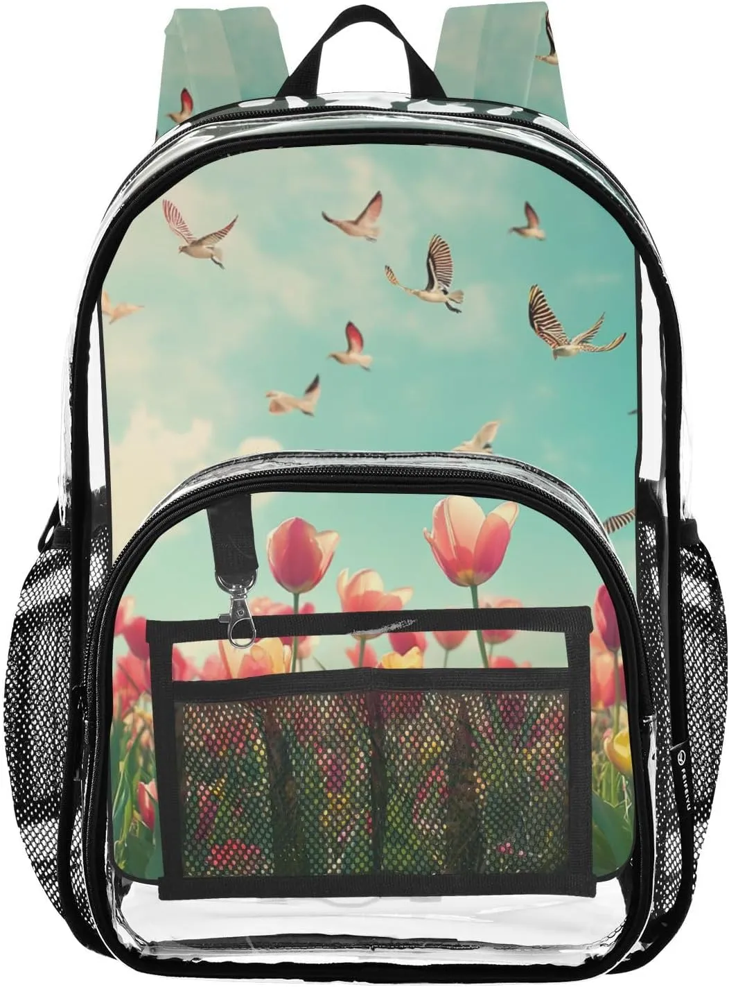 Clear Backpack for Stadium Events School Backpacks Girls Boys heavy duty PVC Waterproof Transparent Plastic Book Bag for Women Work Beautiful Spring Tulips and Herringbone Birds