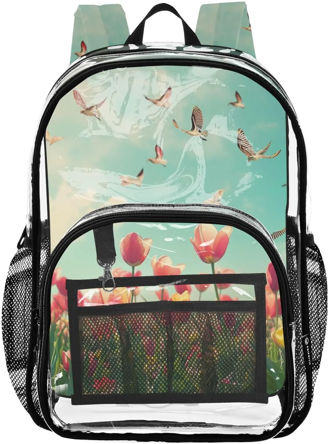 Clear Backpack for Stadium Events School Backpacks Girls Boys heavy duty PVC Waterproof Transparent Plastic Book Bag for Women Work Beautiful Spring Tulips and Herringbone Birds