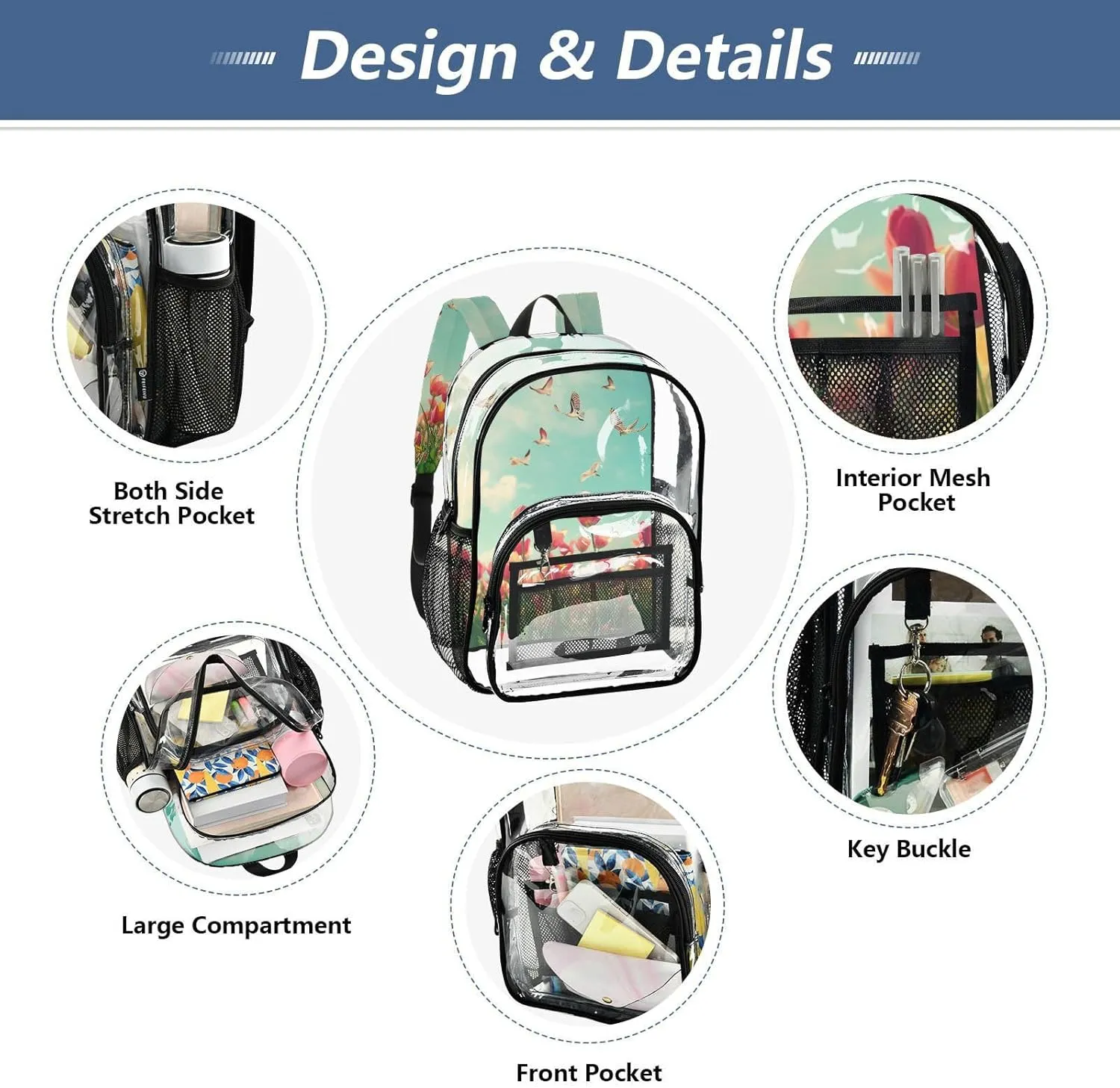Clear Backpack for Stadium Events School Backpacks Girls Boys heavy duty PVC Waterproof Transparent Plastic Book Bag for Women Work Beautiful Spring Tulips and Herringbone Birds