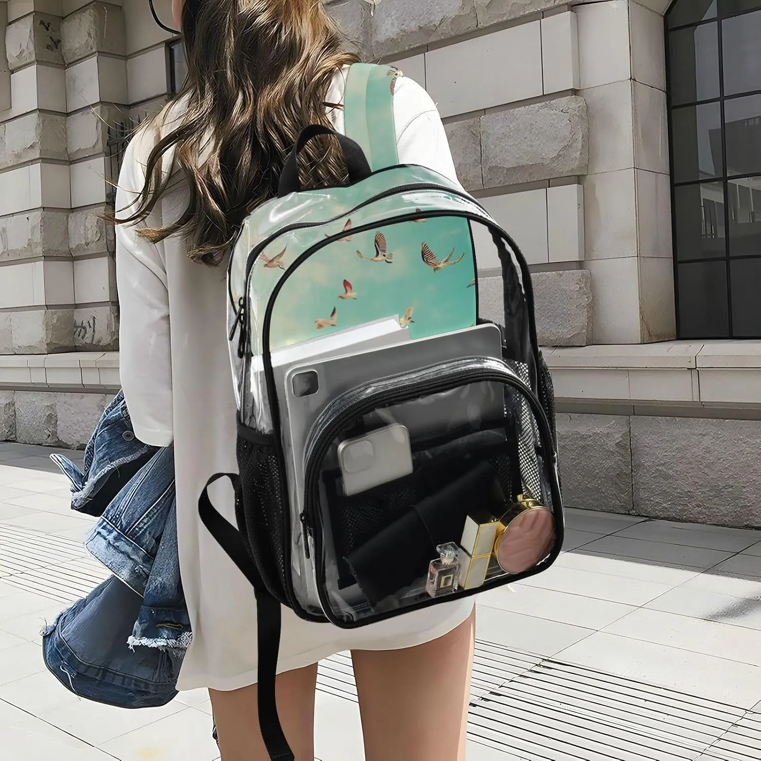 Clear Backpack for Stadium Events School Backpacks Girls Boys heavy duty PVC Waterproof Transparent Plastic Book Bag for Women Work Beautiful Spring Tulips and Herringbone Birds