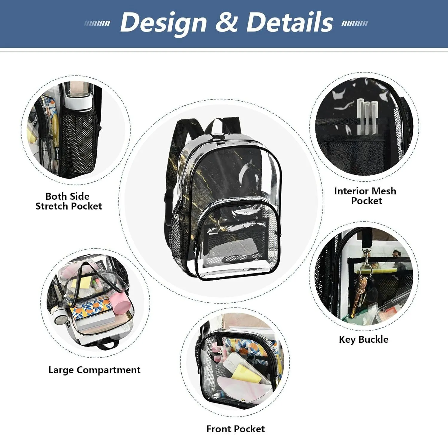 Clear Backpack for Stadium Events School Backpacks Girls Boys heavy duty PVC Waterproof Transparent Plastic Book Bag for Women Work Black Liquid