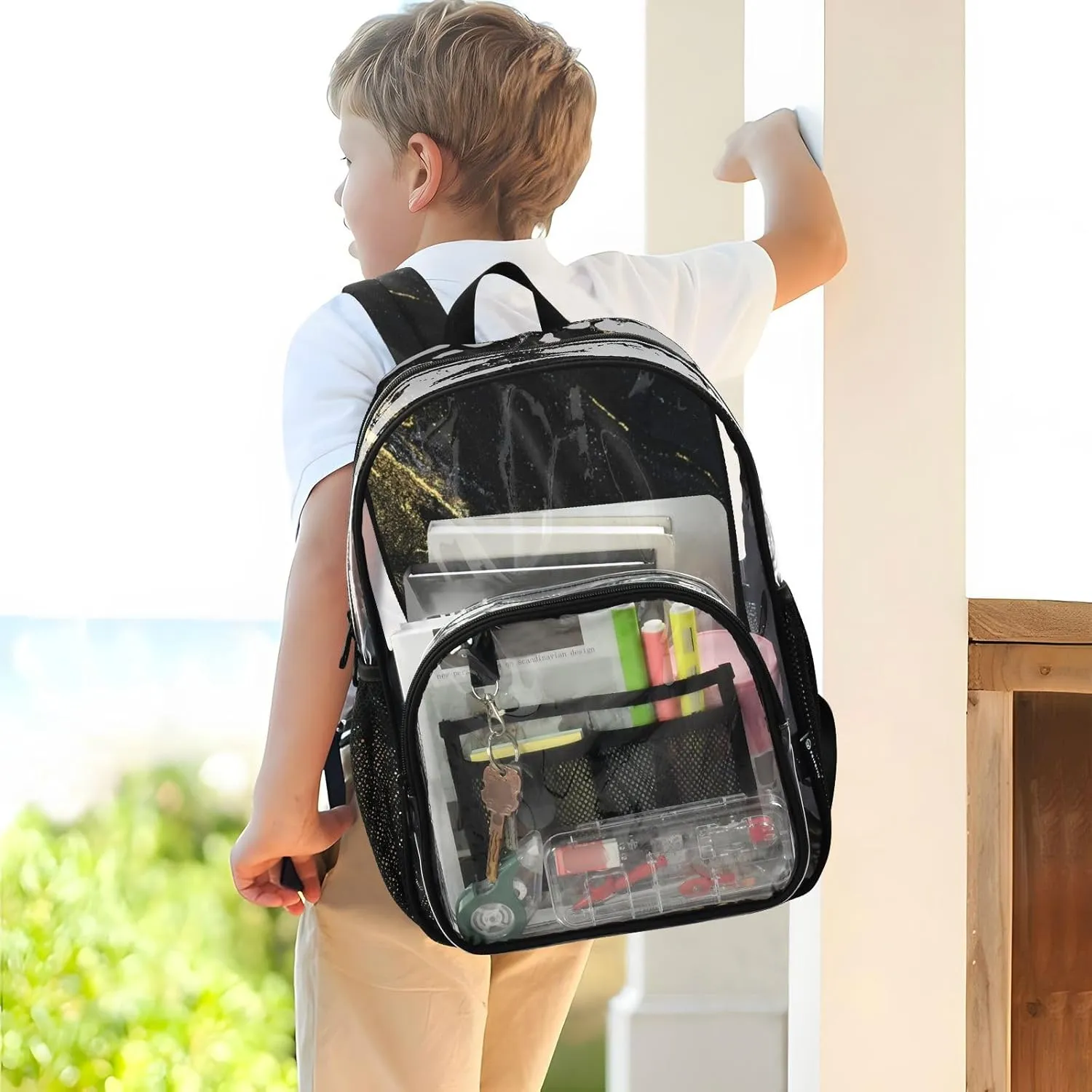Clear Backpack for Stadium Events School Backpacks Girls Boys heavy duty PVC Waterproof Transparent Plastic Book Bag for Women Work Black Liquid