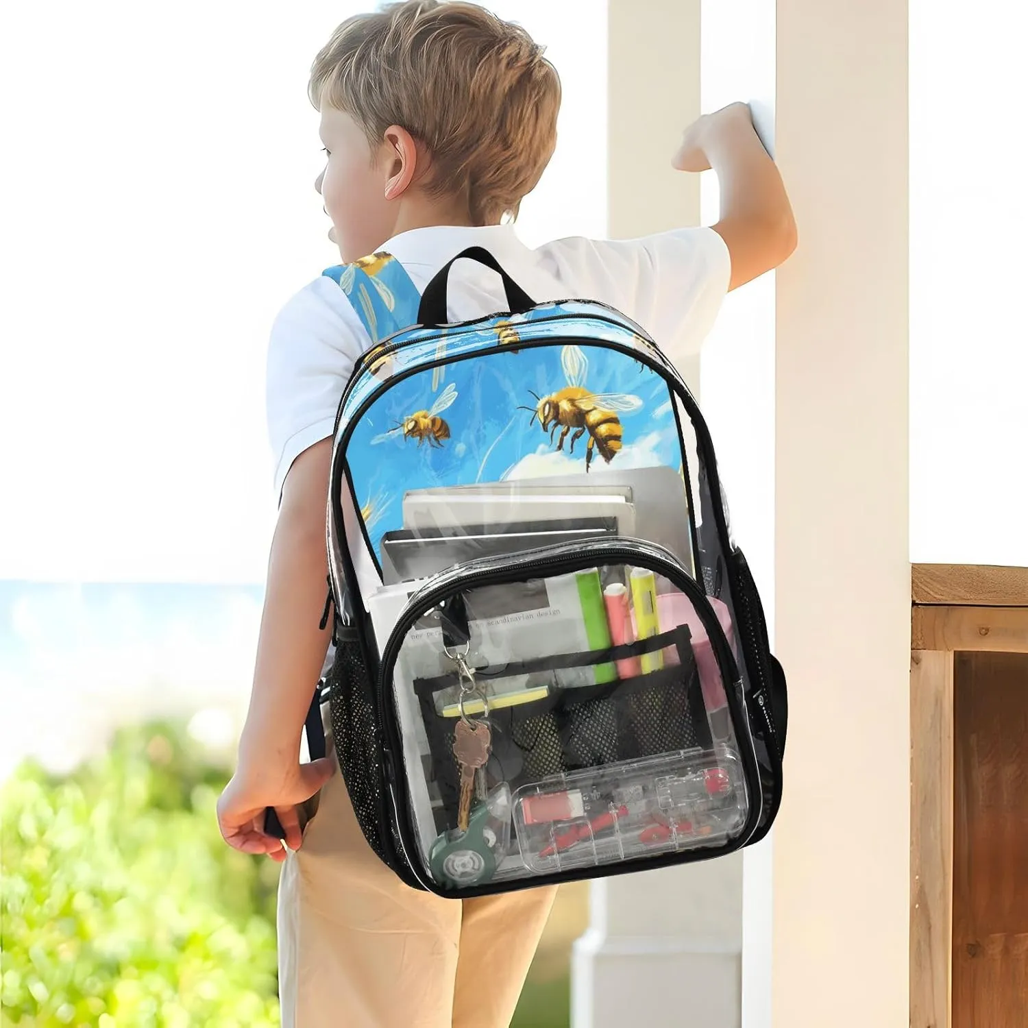 Clear Backpack for Stadium Events School Backpacks Girls Boys heavy duty PVC Waterproof Transparent Plastic Book Bag for Women Work Blue Sky Bees Wheat