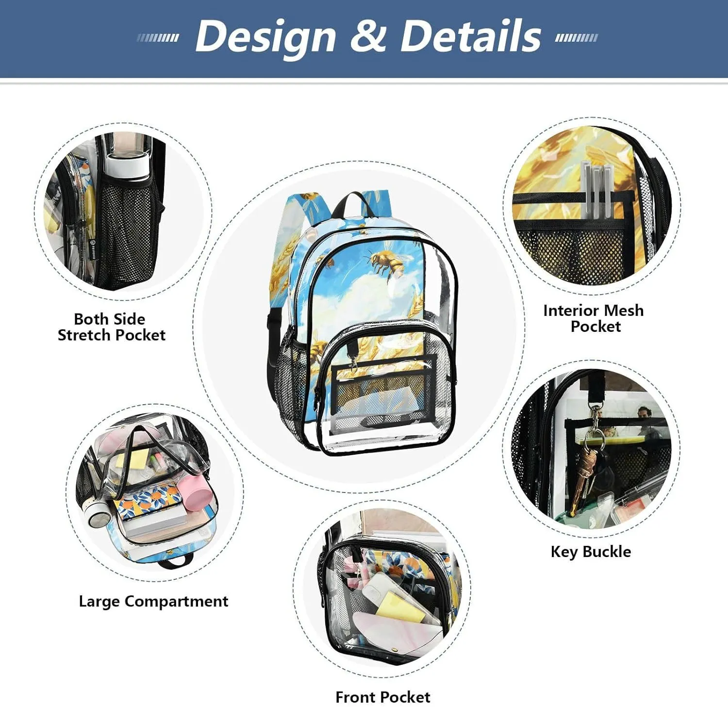 Clear Backpack for Stadium Events School Backpacks Girls Boys heavy duty PVC Waterproof Transparent Plastic Book Bag for Women Work Blue Sky Bees Wheat