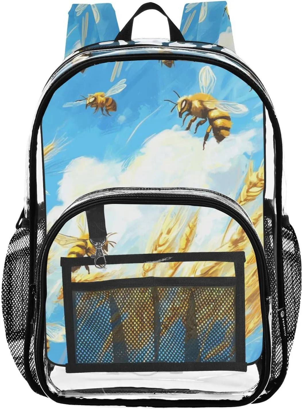 Clear Backpack for Stadium Events School Backpacks Girls Boys heavy duty PVC Waterproof Transparent Plastic Book Bag for Women Work Blue Sky Bees Wheat