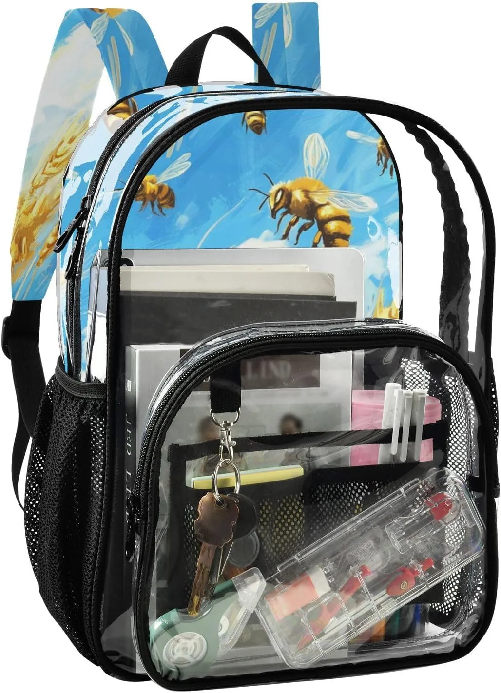 Clear Backpack for Stadium Events School Backpacks Girls Boys heavy duty PVC Waterproof Transparent Plastic Book Bag for Women Work Blue Sky Bees Wheat