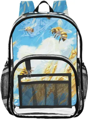 Clear Backpack for Stadium Events School Backpacks Girls Boys heavy duty PVC Waterproof Transparent Plastic Book Bag for Women Work Blue Sky Bees Wheat