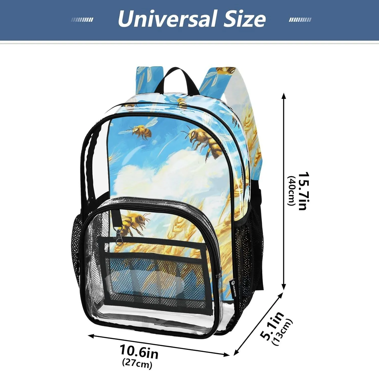 Clear Backpack for Stadium Events School Backpacks Girls Boys heavy duty PVC Waterproof Transparent Plastic Book Bag for Women Work Blue Sky Bees Wheat