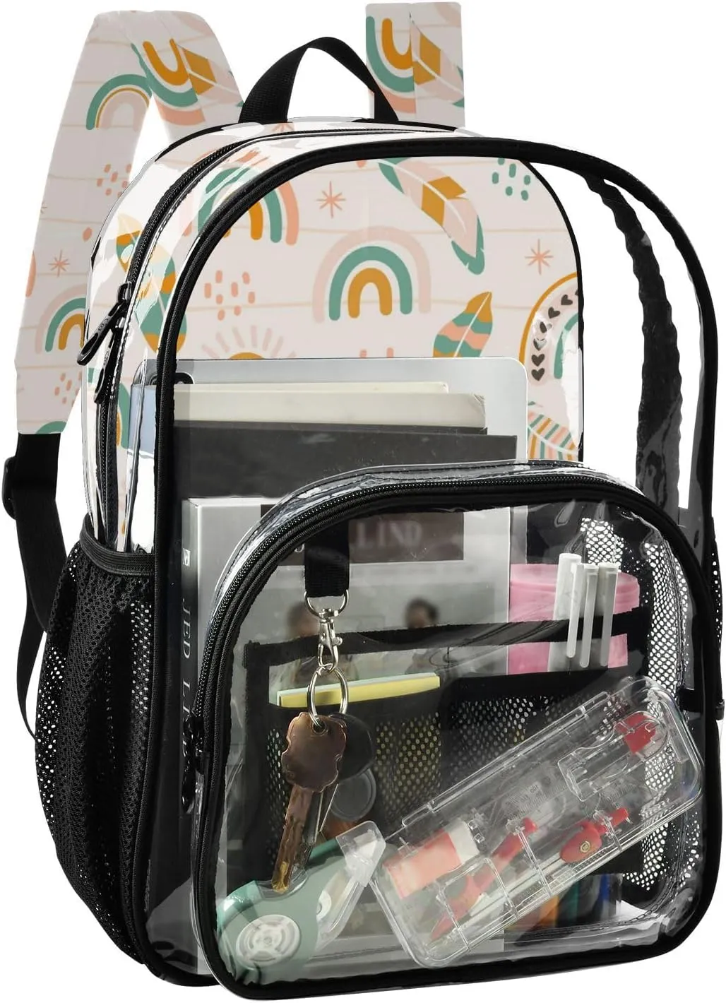 Clear Backpack for Stadium Events School Backpacks Girls Boys heavy duty PVC Waterproof Transparent Plastic Book Bag for Women Work Boho Pattern