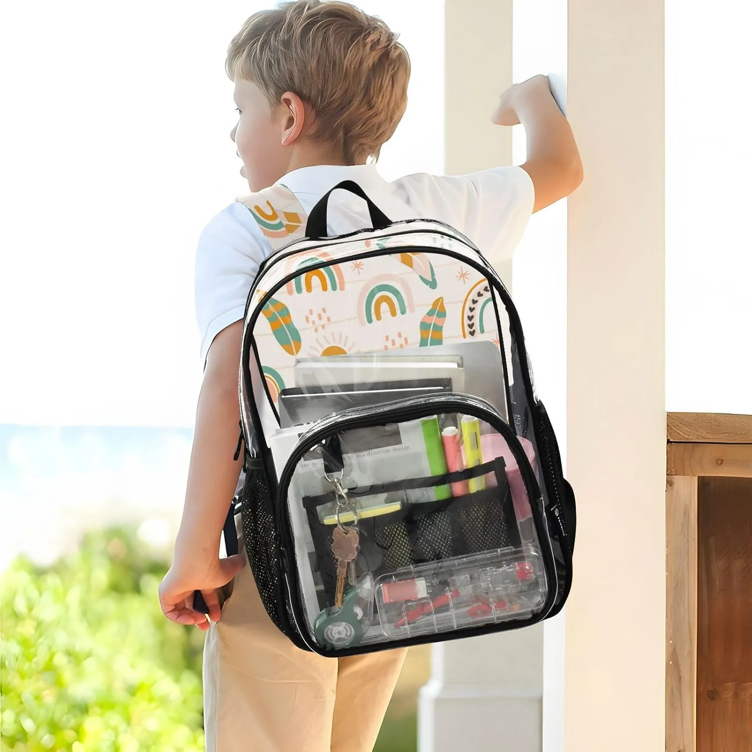 Clear Backpack for Stadium Events School Backpacks Girls Boys heavy duty PVC Waterproof Transparent Plastic Book Bag for Women Work Boho Pattern