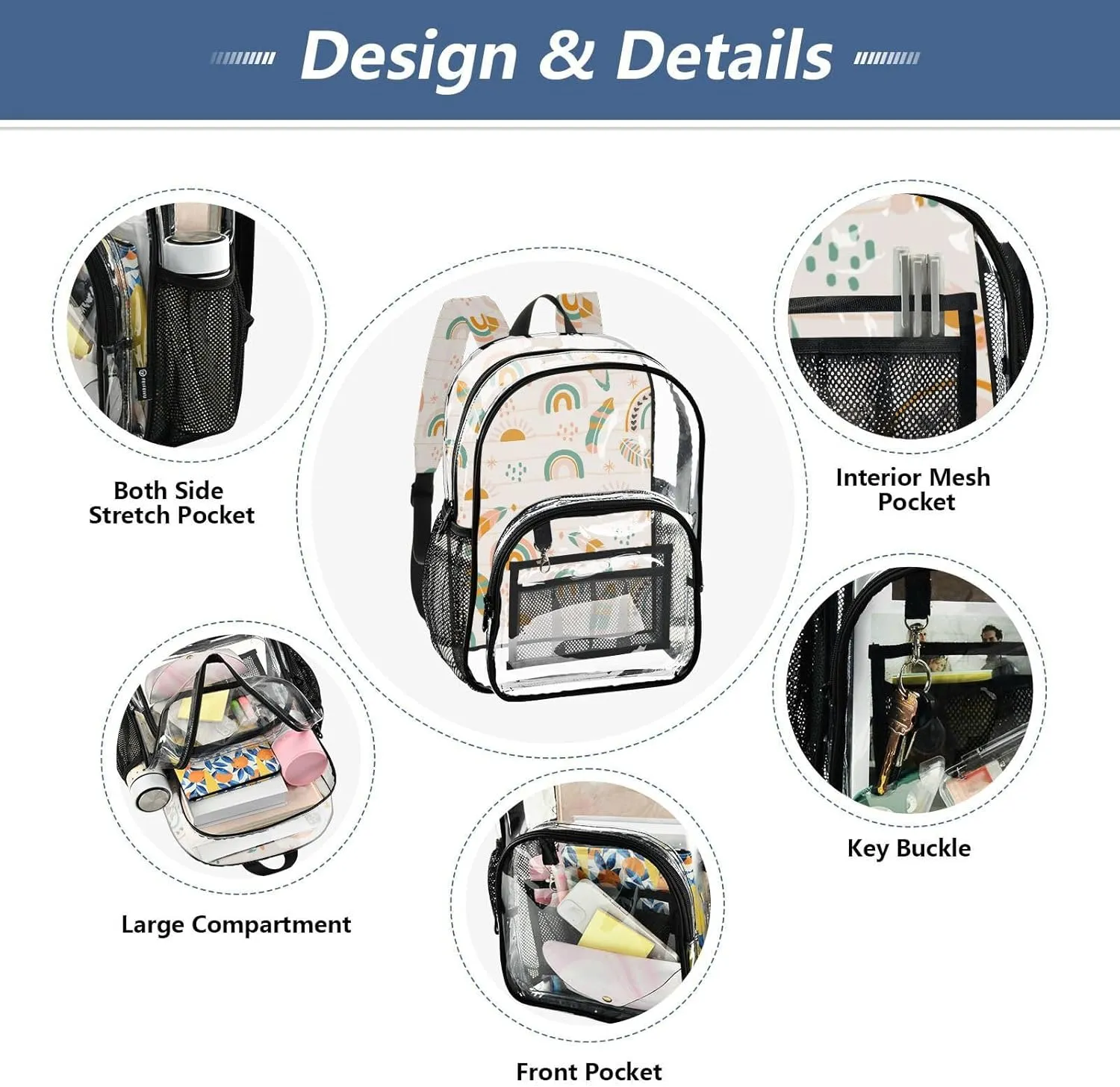 Clear Backpack for Stadium Events School Backpacks Girls Boys heavy duty PVC Waterproof Transparent Plastic Book Bag for Women Work Boho Pattern