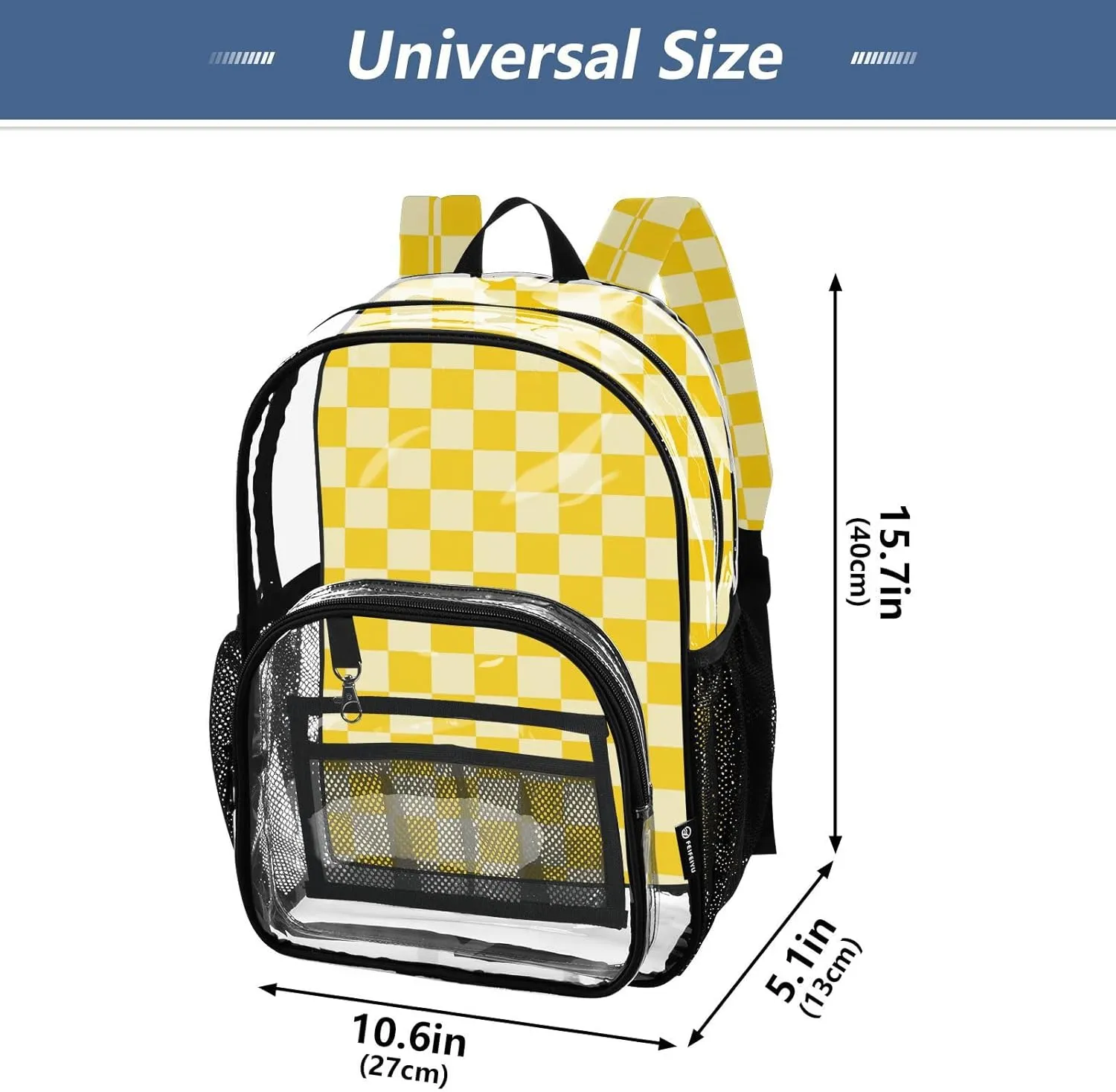 Clear Backpack for Stadium Events School Backpacks Girls Boys heavy duty PVC Waterproof Transparent Plastic Book Bag for Women Work Checkered Yellow