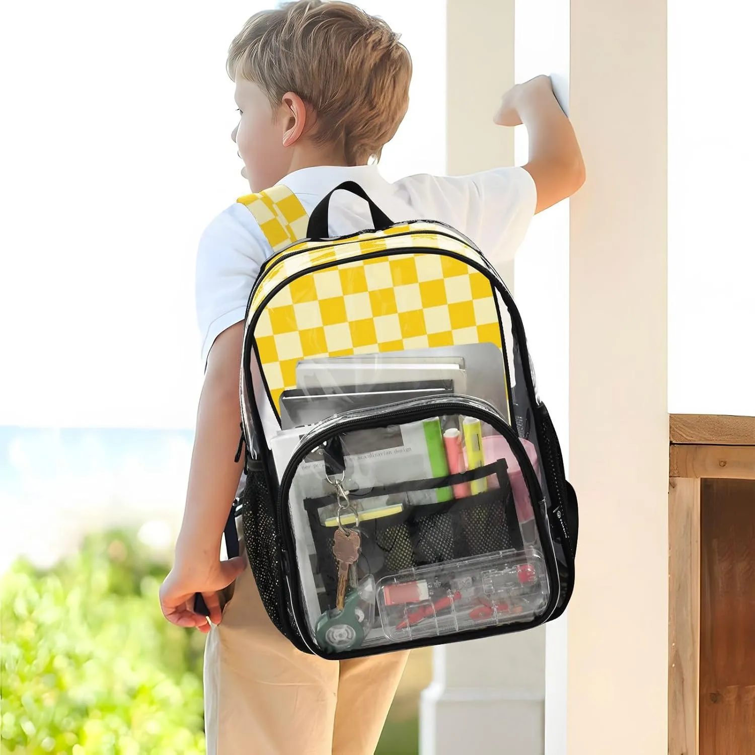 Clear Backpack for Stadium Events School Backpacks Girls Boys heavy duty PVC Waterproof Transparent Plastic Book Bag for Women Work Checkered Yellow