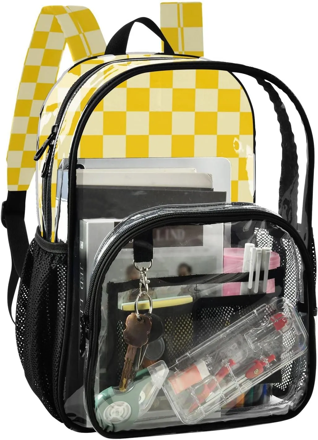 Clear Backpack for Stadium Events School Backpacks Girls Boys heavy duty PVC Waterproof Transparent Plastic Book Bag for Women Work Checkered Yellow