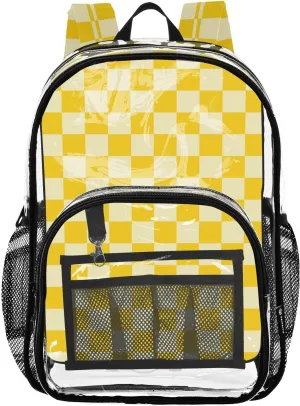 Clear Backpack for Stadium Events School Backpacks Girls Boys heavy duty PVC Waterproof Transparent Plastic Book Bag for Women Work Checkered Yellow