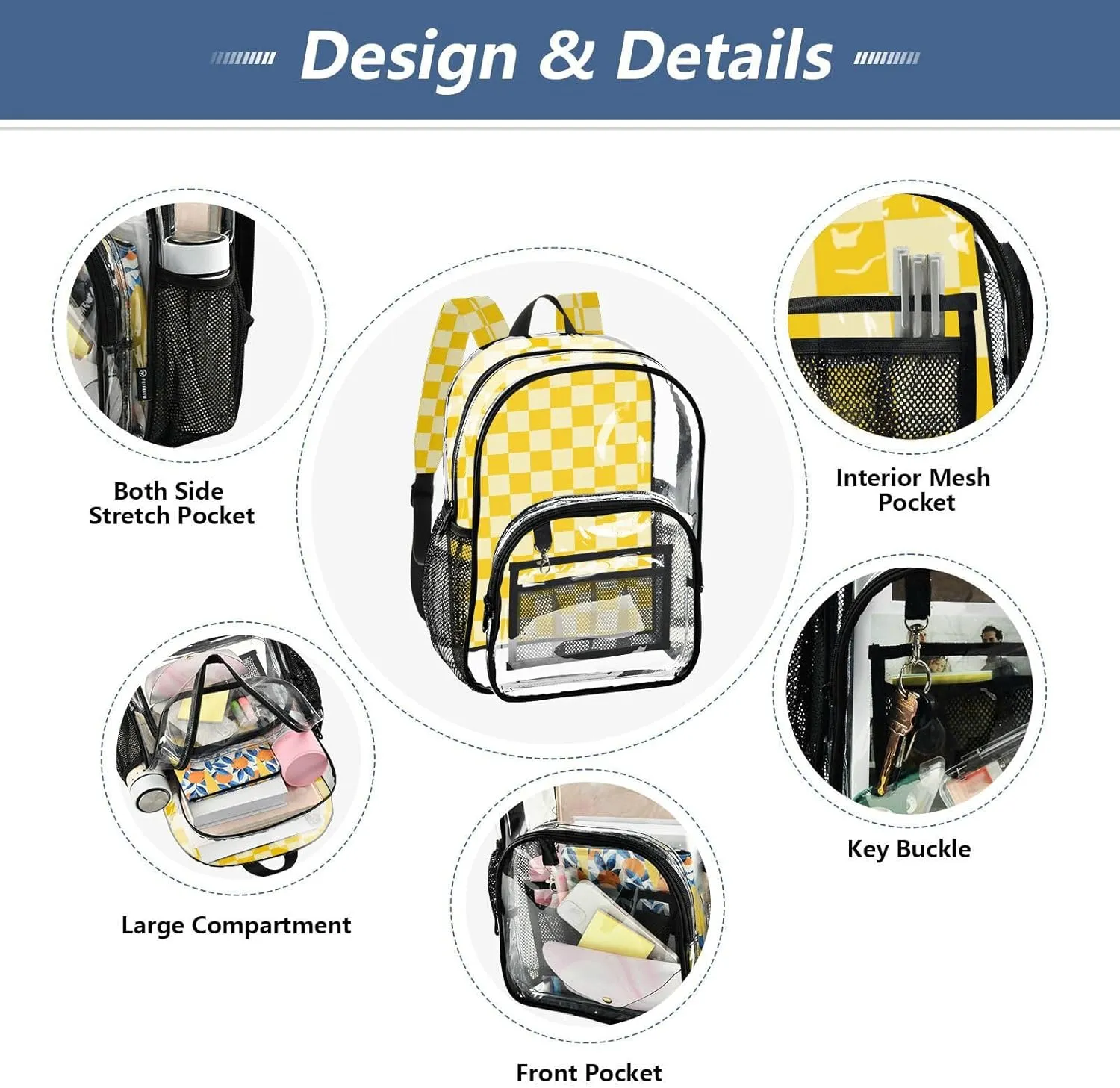Clear Backpack for Stadium Events School Backpacks Girls Boys heavy duty PVC Waterproof Transparent Plastic Book Bag for Women Work Checkered Yellow