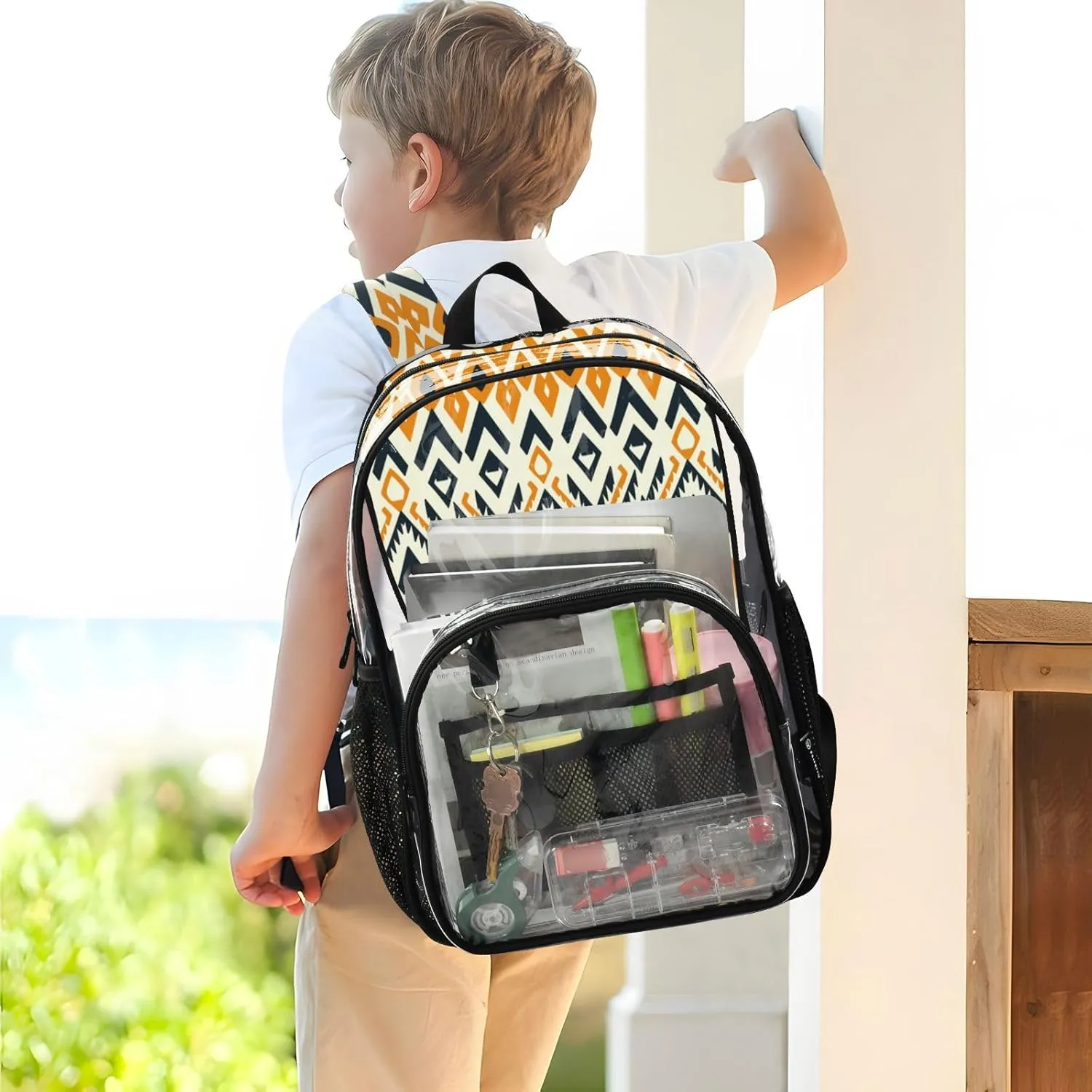 Clear Backpack for Stadium Events School Backpacks Girls Boys heavy duty PVC Waterproof Transparent Plastic Book Bag for Women Work Retro Boho Yellow