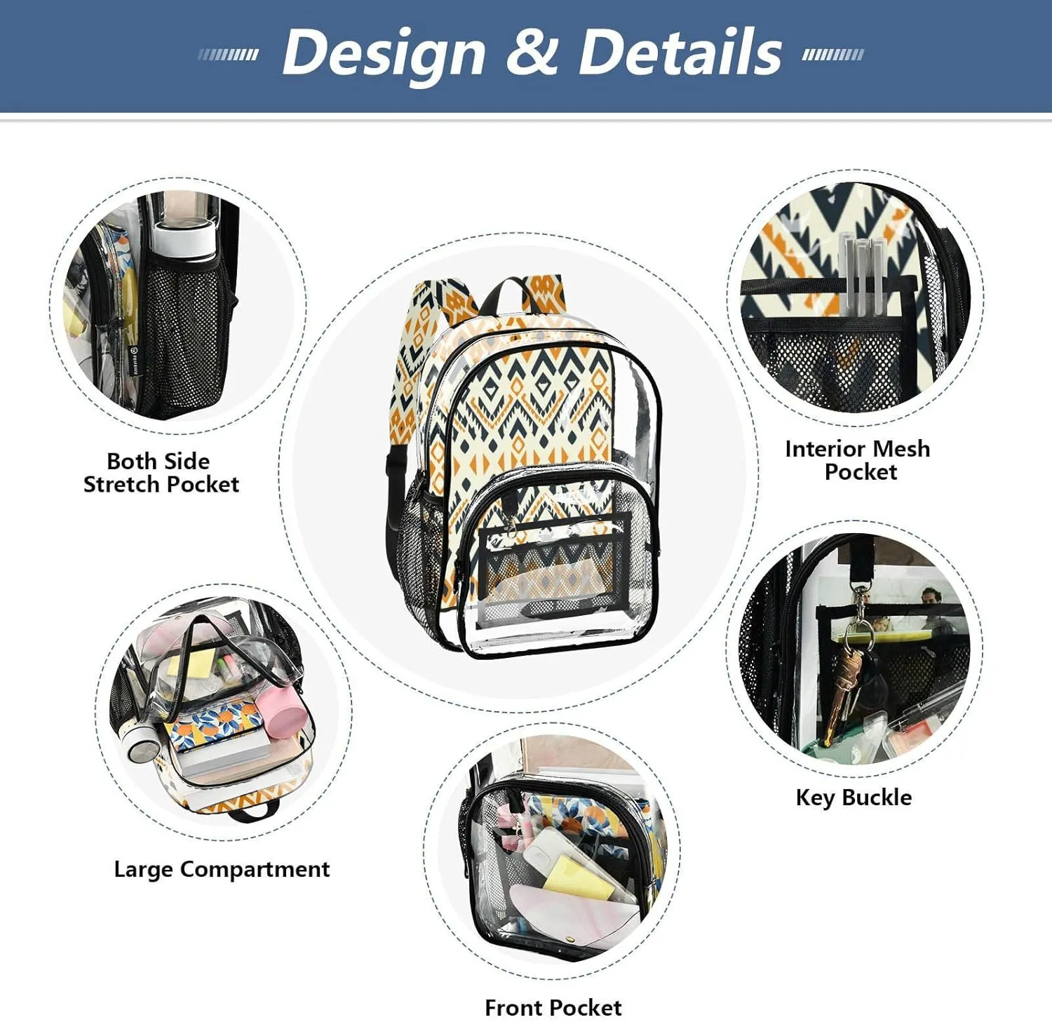 Clear Backpack for Stadium Events School Backpacks Girls Boys heavy duty PVC Waterproof Transparent Plastic Book Bag for Women Work Retro Boho Yellow