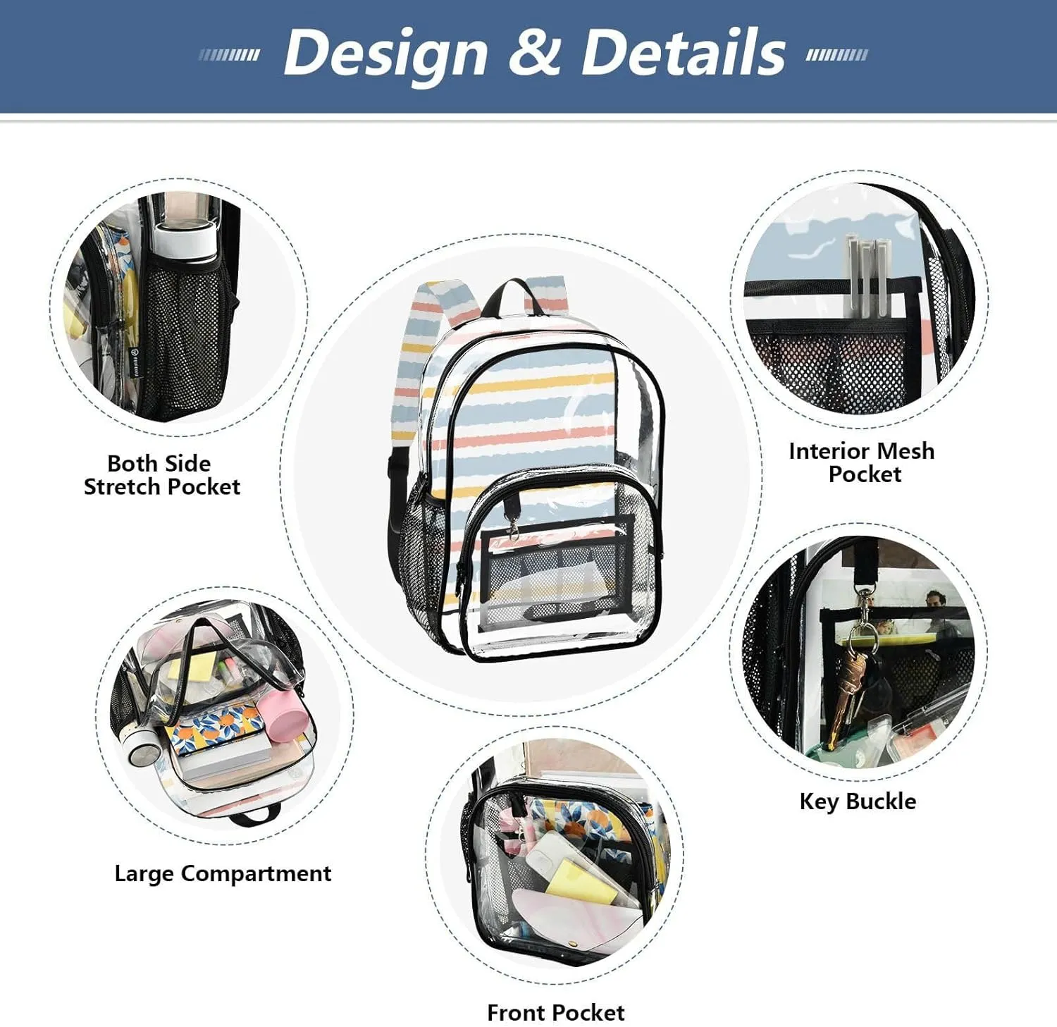 Clear Backpack for Stadium Events School Backpacks Girls Boys heavy duty PVC Waterproof Transparent Plastic Book Bag for Women Work Stripes Geometric