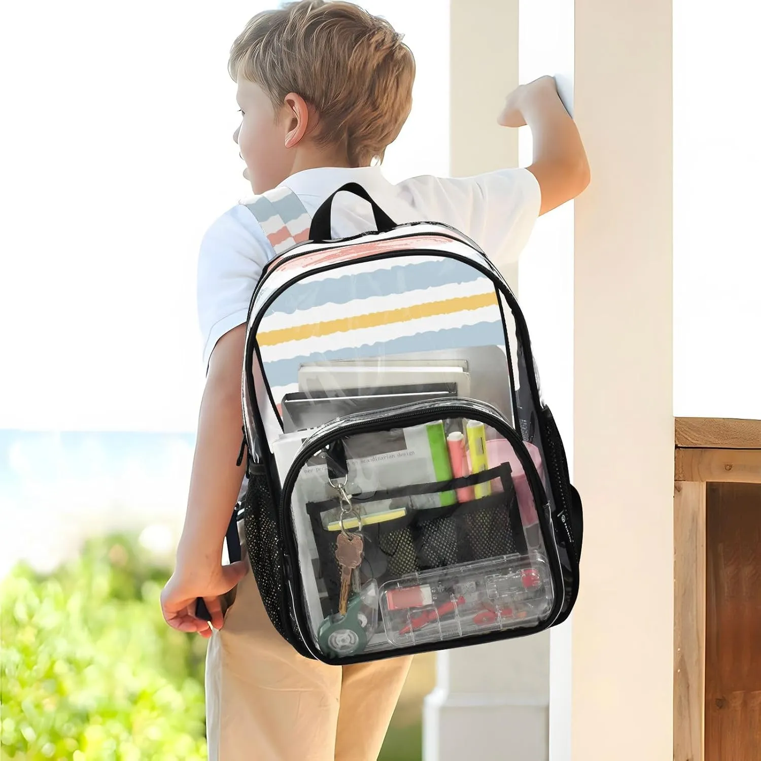 Clear Backpack for Stadium Events School Backpacks Girls Boys heavy duty PVC Waterproof Transparent Plastic Book Bag for Women Work Stripes Geometric