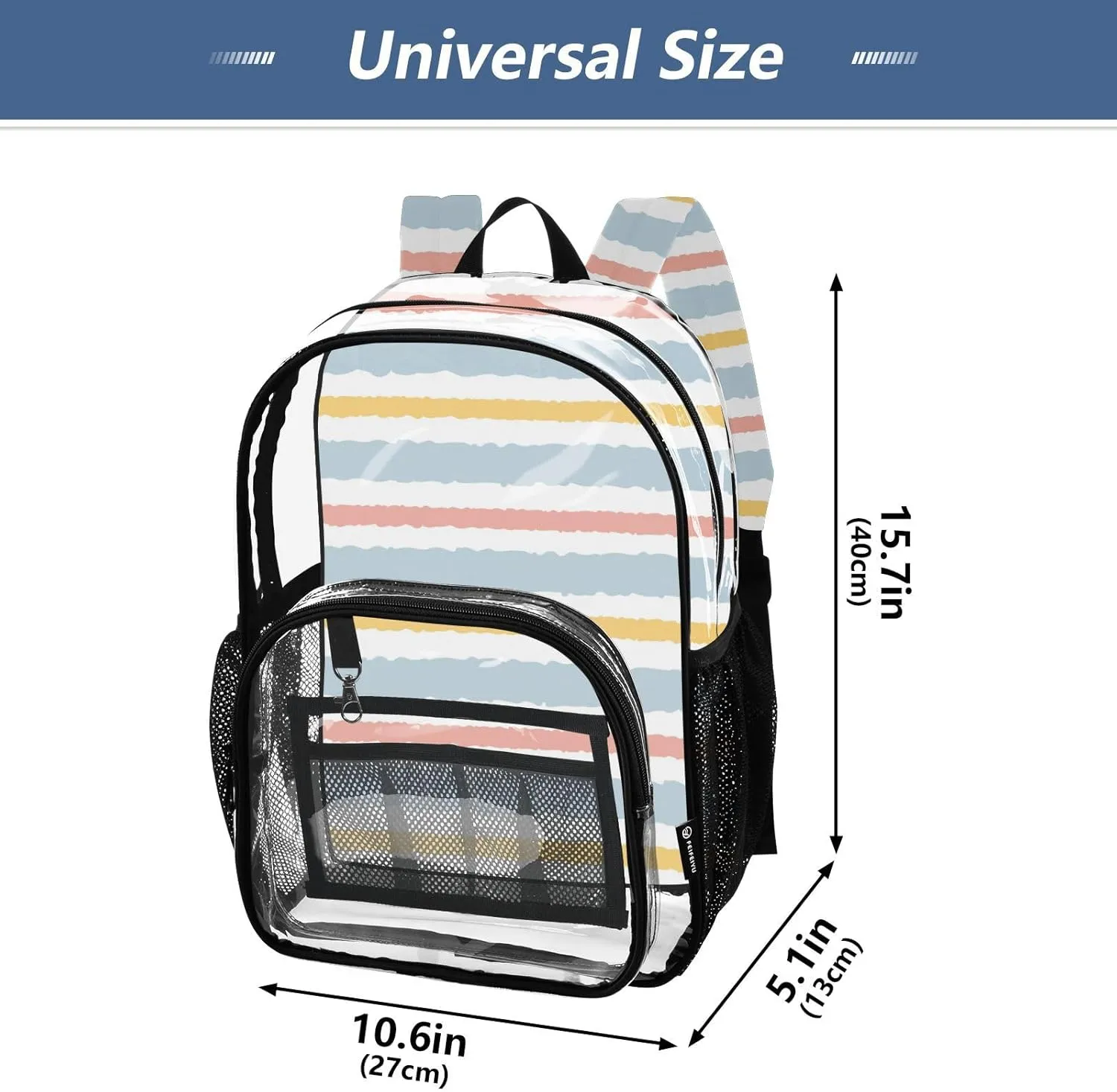 Clear Backpack for Stadium Events School Backpacks Girls Boys heavy duty PVC Waterproof Transparent Plastic Book Bag for Women Work Stripes Geometric