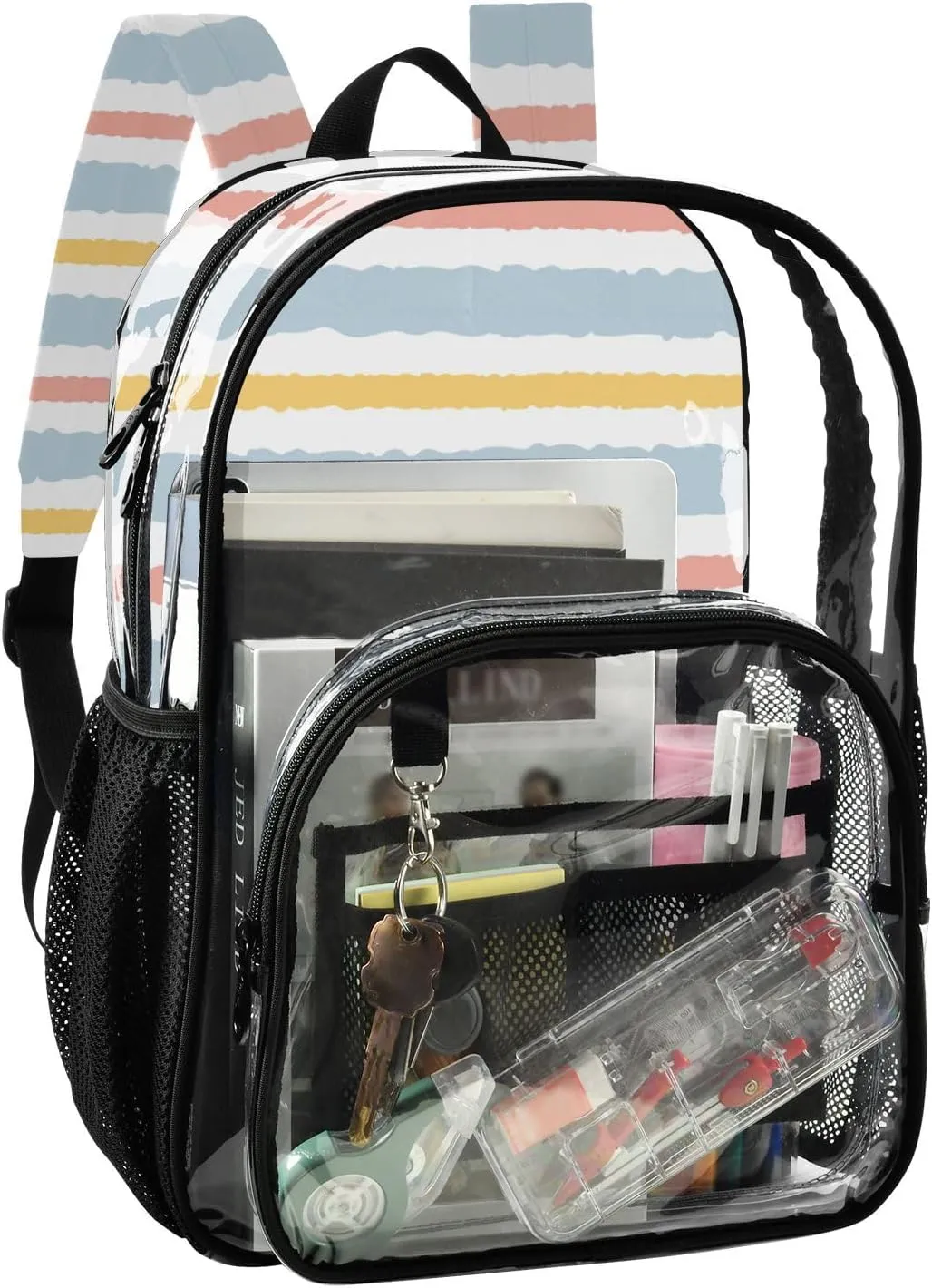 Clear Backpack for Stadium Events School Backpacks Girls Boys heavy duty PVC Waterproof Transparent Plastic Book Bag for Women Work Stripes Geometric