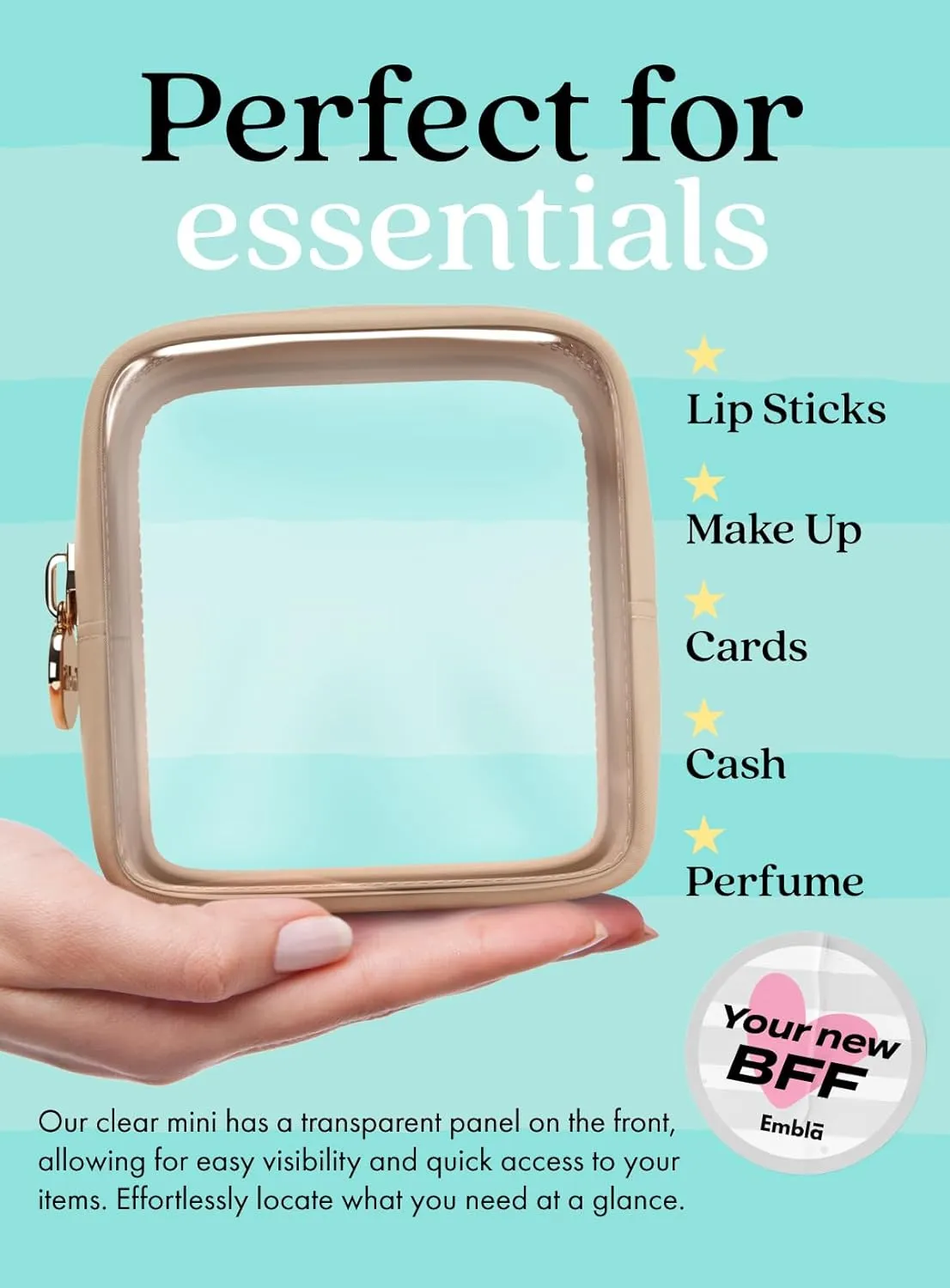 Clear Makeup Bag Zipper Pouch, Transparent Cosmetic Case Organizer, TSA Approved Travel Toiletry Case, Travel Accessories Essentials Makeup Tote for Women, Mini Cute Make up Bag for Purse - Sand