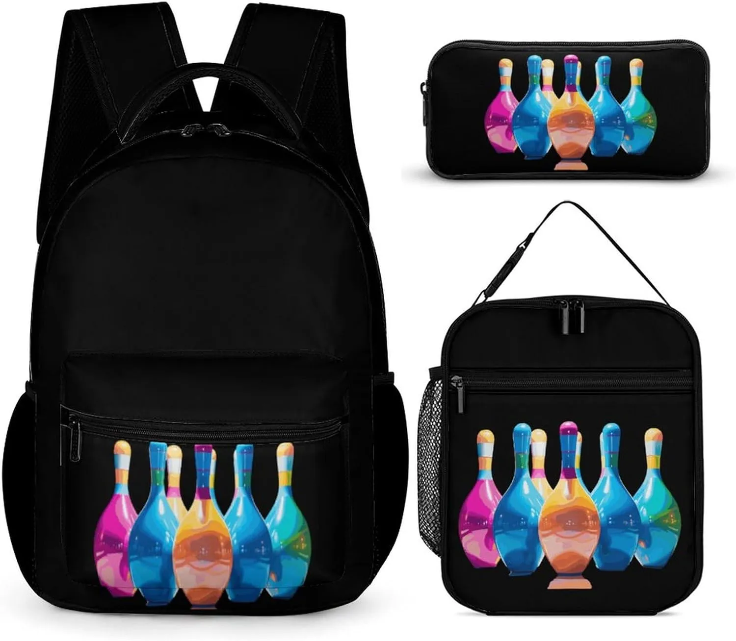 Colorful Bowling Pins Backpack 3 Piece Combination Backpack Lunch Bag Pencil Case for Unisex