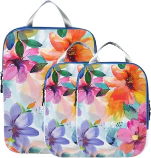 Colorful Flower Pattern Compression Packing Cubes for Travel Packing Organizers Backpack 3 Pack Luggage Travel Essentials Carry Must Haves Waterproof Suitcase Storage Bags