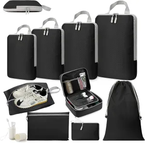 Compression Packing Cubes, 10 Set Travel Packing Cubes for Carry on Suitcases, Expandable/Compression Bags for Clothes,Ultralight Packing Cubes (1-black)