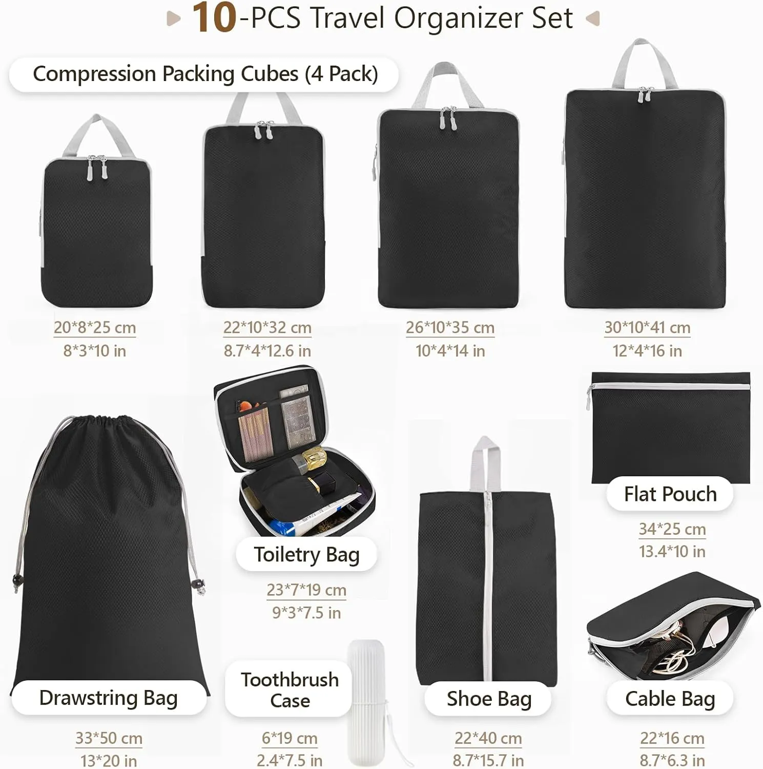 Compression Packing Cubes, 10 Set Travel Packing Cubes for Carry on Suitcases, Expandable/Compression Bags for Clothes,Ultralight Packing Cubes (1-black)