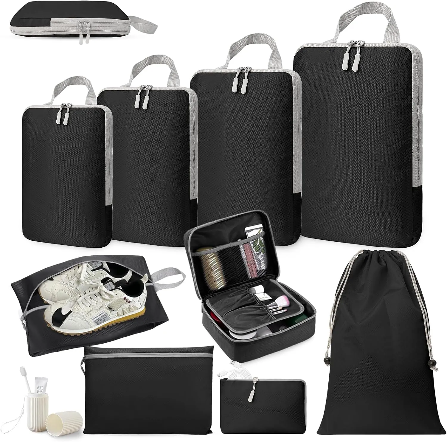 Compression Packing Cubes, 10 Set Travel Packing Cubes for Carry on Suitcases, Expandable/Compression Bags for Clothes,Ultralight Packing Cubes (1-black)