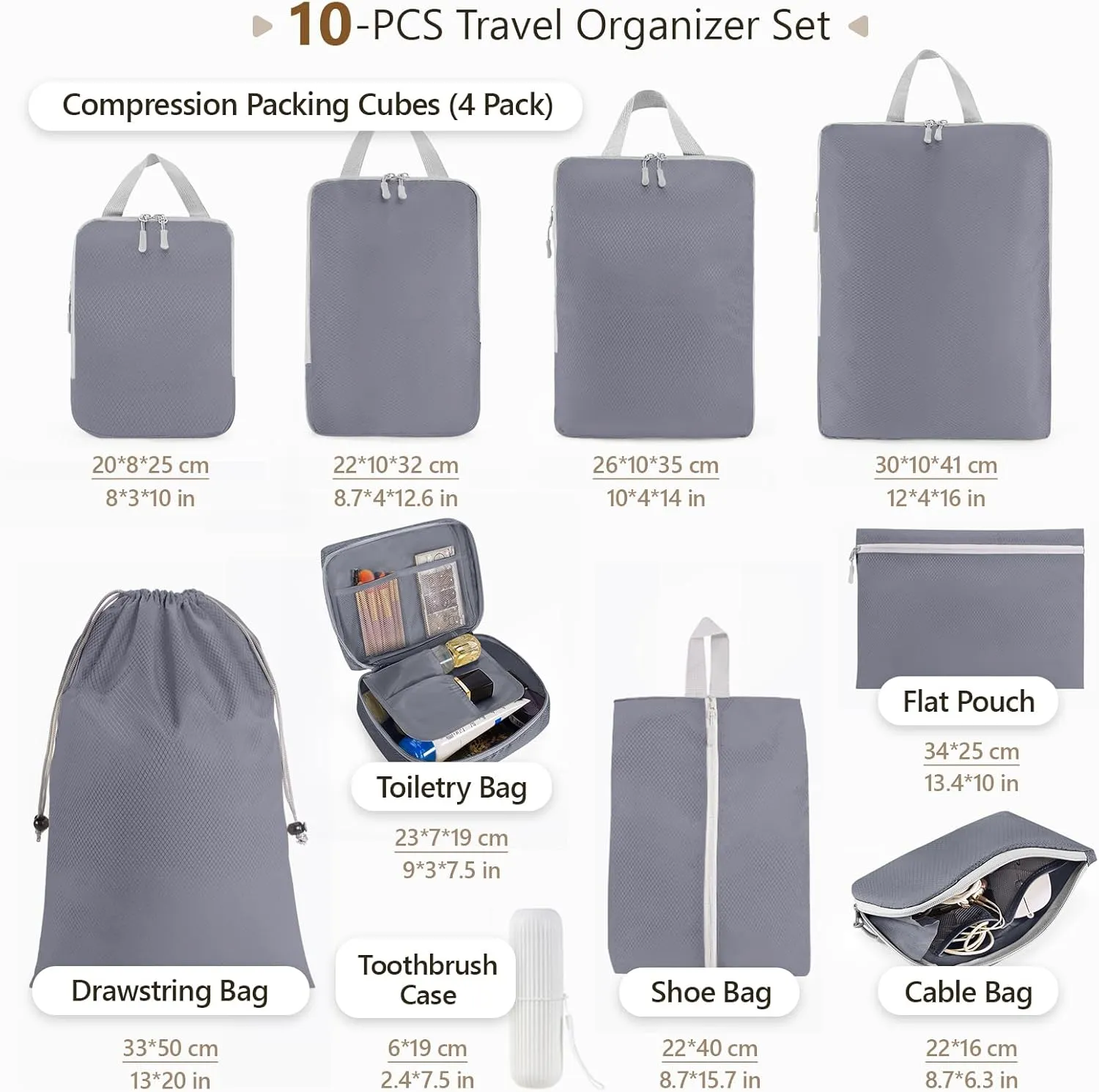 Compression Packing Cubes, 10 Set Travel Packing Cubes for Carry on Suitcases, Expandable/Compression Bags for Clothes,Ultralight Packing Cubes (1-grey)
