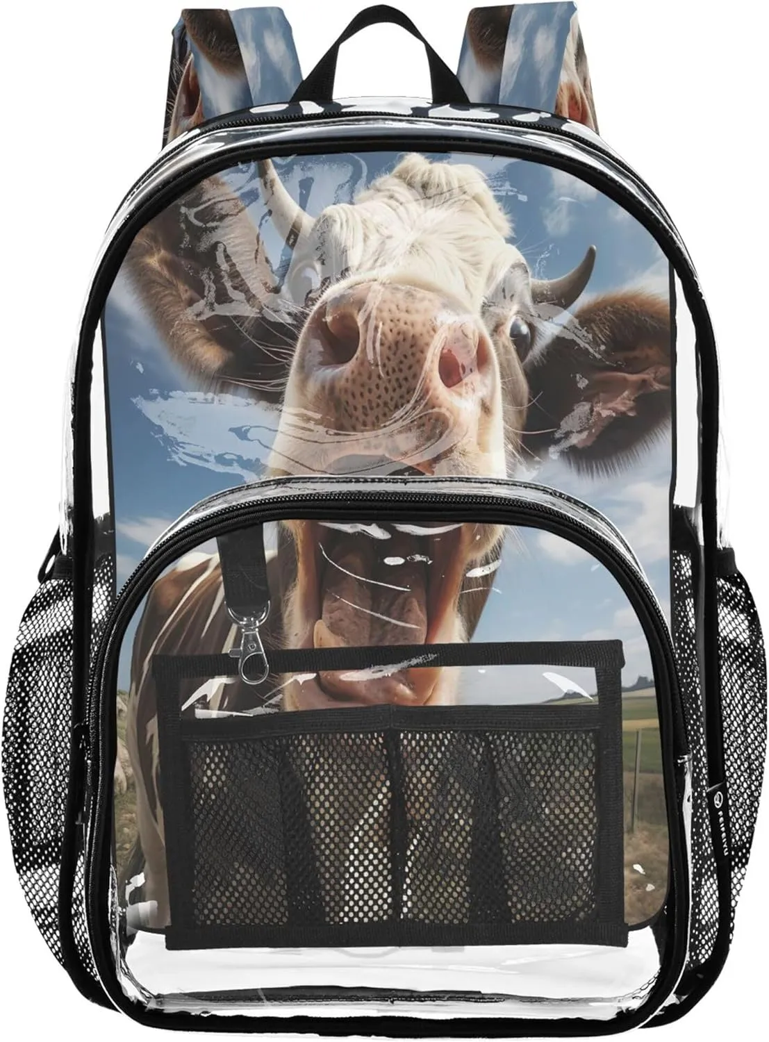 Cow Portrait Funny Backpacks for Boys, Large Clear Bag, Transparent Bag