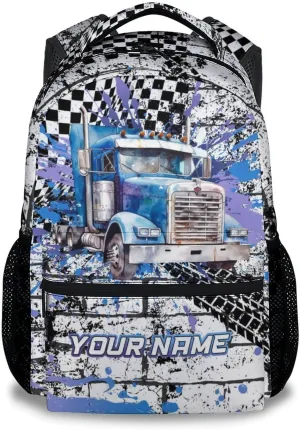 Custom Boys Backpacks for School, 17 Inch Cute Truck Backpack for Primary School, Blue Durable Lightweight Kids Bookbag for Kindergarten