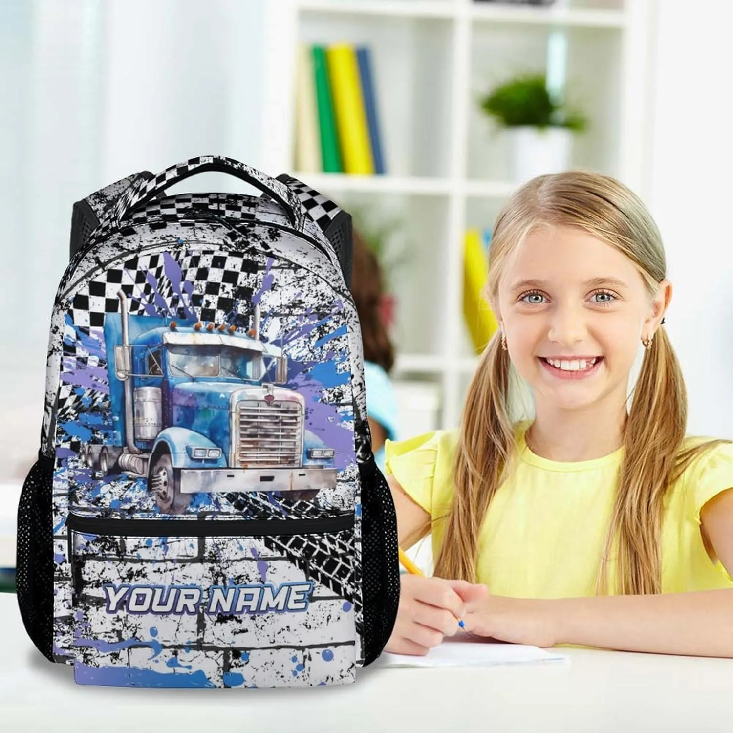 Custom Boys Backpacks for School, 17 Inch Cute Truck Backpack for Primary School, Blue Durable Lightweight Kids Bookbag for Kindergarten