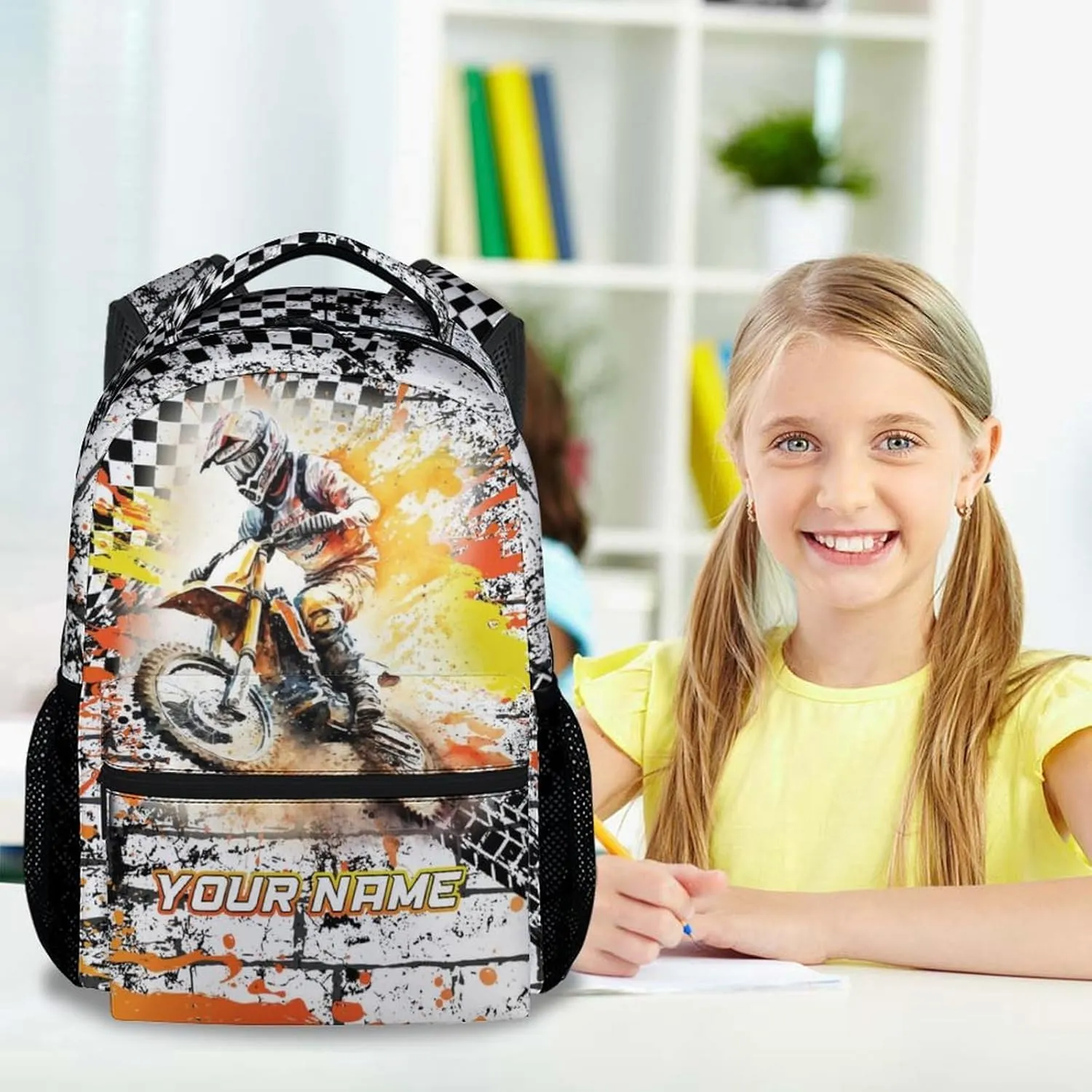 Custom School Backpack for Boys, 17 Inch Funny Motorcycle Backpacks with Adjustable Straps for Kids, Yellow Lightweight Durable Bookbag for Kindergarten
