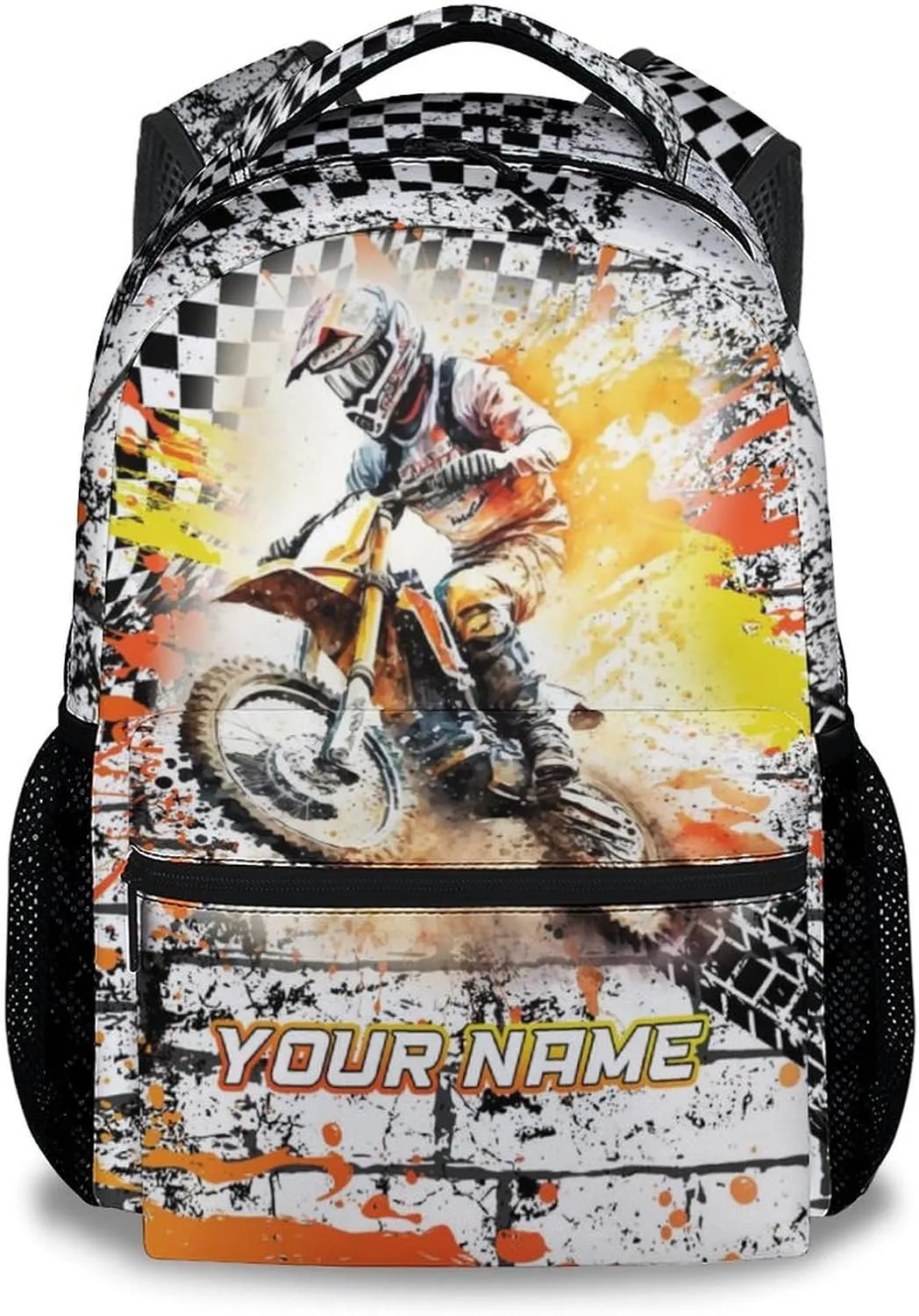 Custom School Backpack for Boys, 17 Inch Funny Motorcycle Backpacks with Adjustable Straps for Kids, Yellow Lightweight Durable Bookbag for Kindergarten