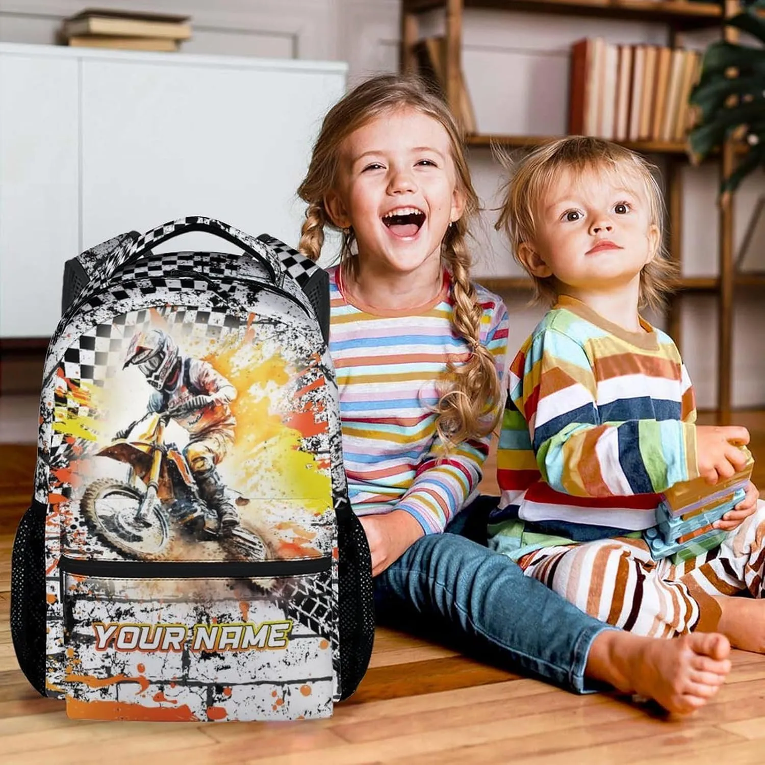 Custom School Backpack for Boys, 17 Inch Funny Motorcycle Backpacks with Adjustable Straps for Kids, Yellow Lightweight Durable Bookbag for Kindergarten